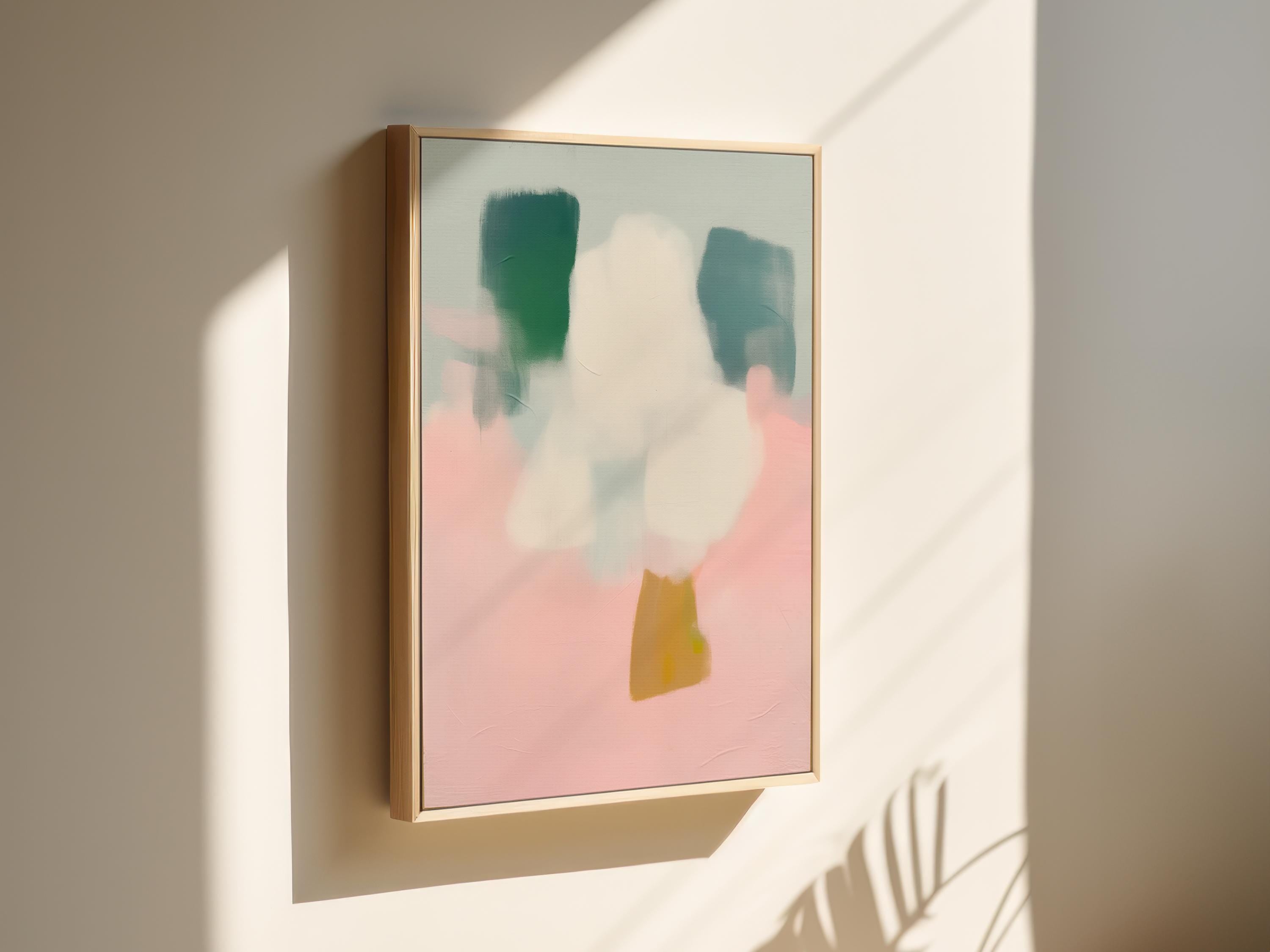 Vertical abstract wall art titled “Whisper Bloom,” featuring soft sage green and blush pink tones in a pastel modern style. Ideal for nursery, kids room, or calm bedroom decor. Available as framed or gallery canvas wall art by Muse Studio.