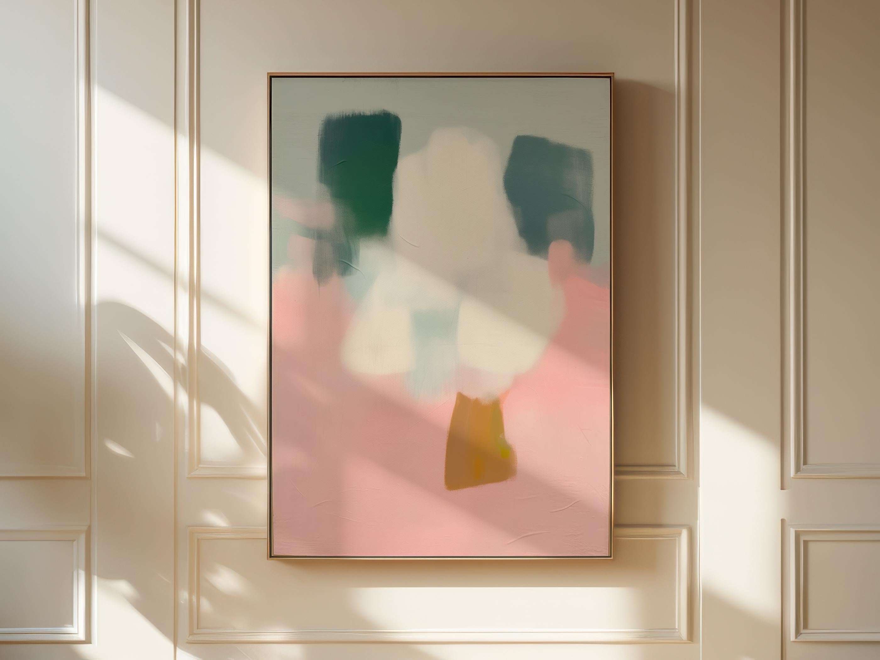Vertical abstract wall art titled “Whisper Bloom,” featuring soft sage green and blush pink tones in a pastel modern style. Ideal for nursery, kids room, or calm bedroom decor. Available as framed or gallery canvas wall art by Muse Studio.