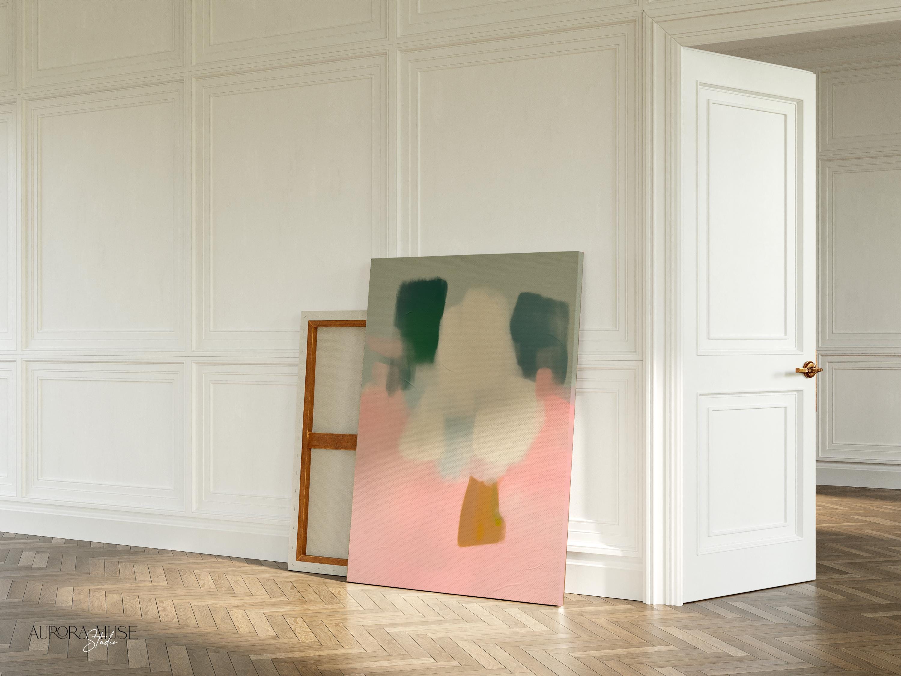 Vertical abstract wall art titled “Whisper Bloom,” featuring soft sage green and blush pink tones in a pastel modern style. Ideal for nursery, kids room, or calm bedroom decor. Available as framed or gallery canvas wall art by Muse Studio.