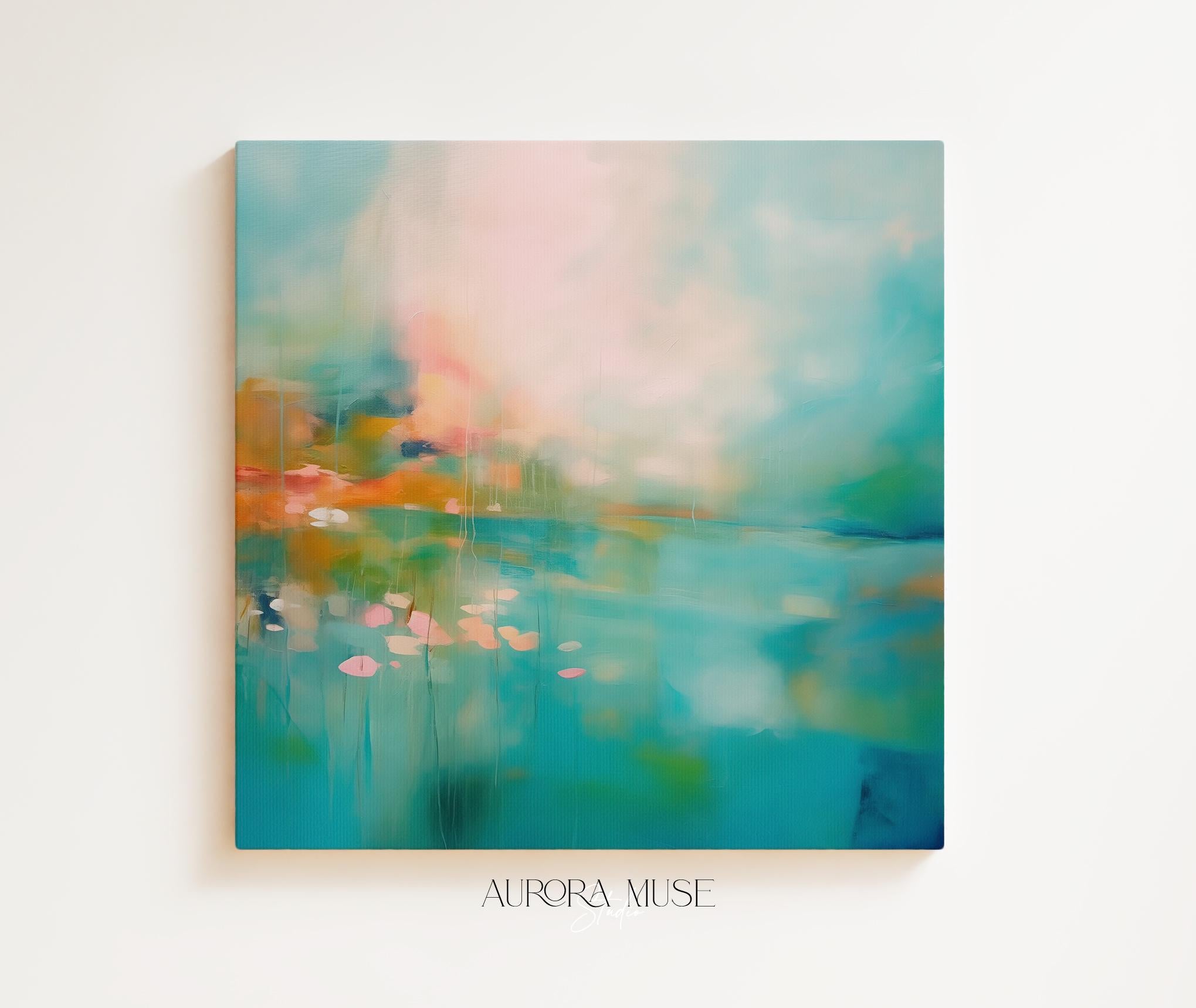 Pastel Landscape Wall Art, Square Abstract Canvas Print, Large Water Scene Decor, Soft Colorful Artwork, Framed Modern Wall Decor 366