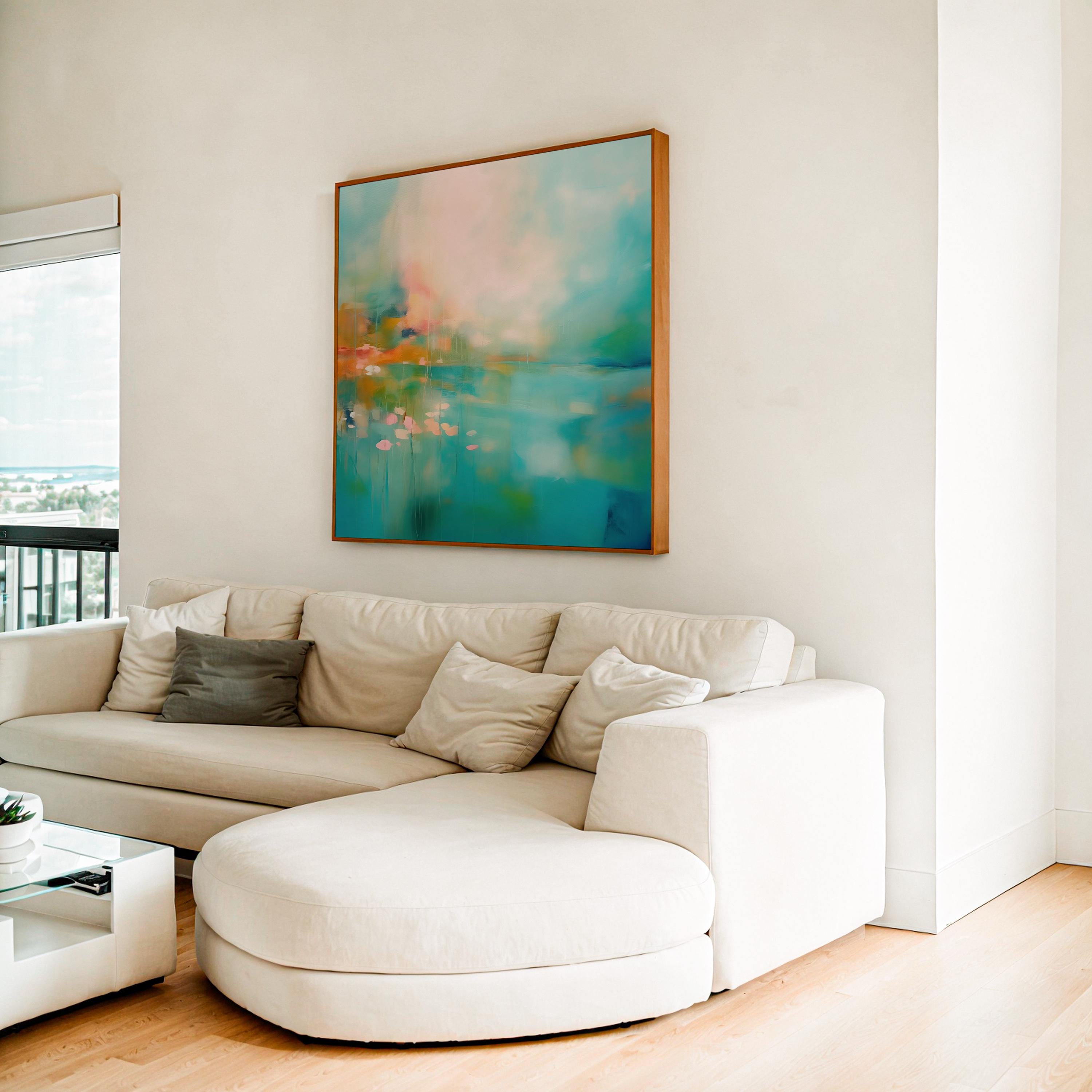 Pastel Landscape Wall Art, Square Abstract Canvas Print, Large Water Scene Decor, Soft Colorful Artwork, Framed Modern Wall Decor 366