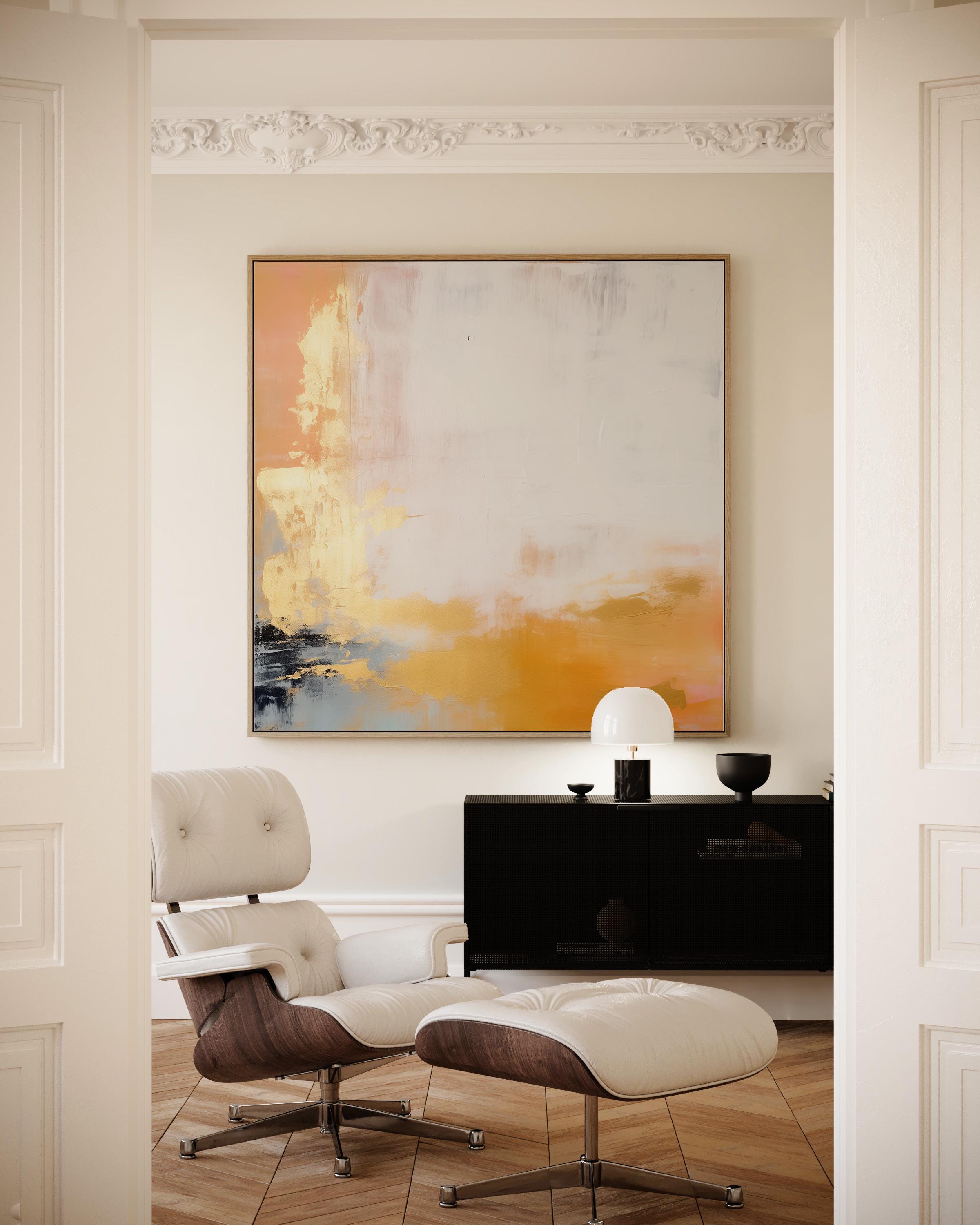 Neutral Gold Square Wall Art, Framed Abstract Canvas Painting in Beige and Ochre, Large Minimalist Decor for Modern Interiors 356