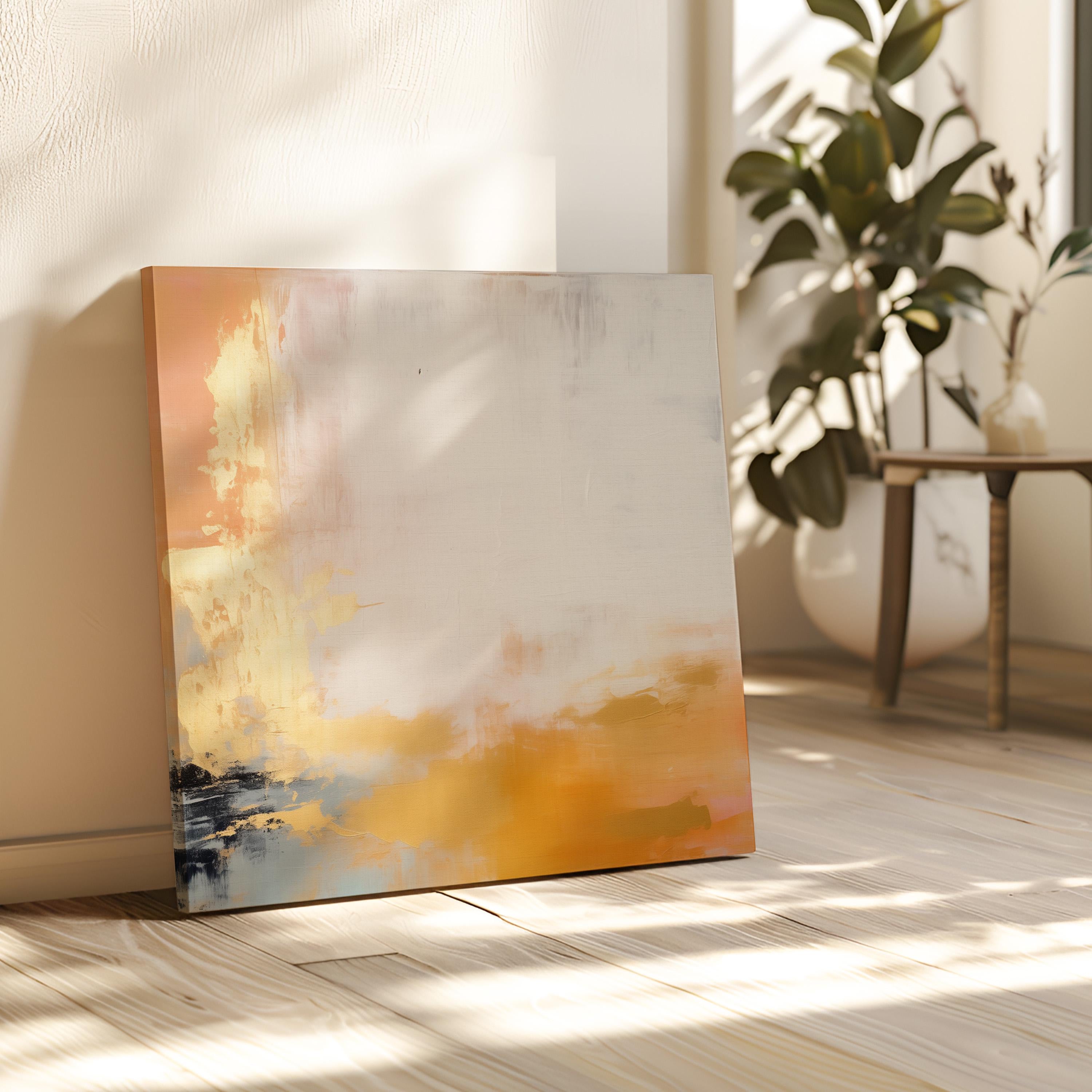 Neutral Gold Square Wall Art, Framed Abstract Canvas Painting in Beige and Ochre, Large Minimalist Decor for Modern Interiors 356
