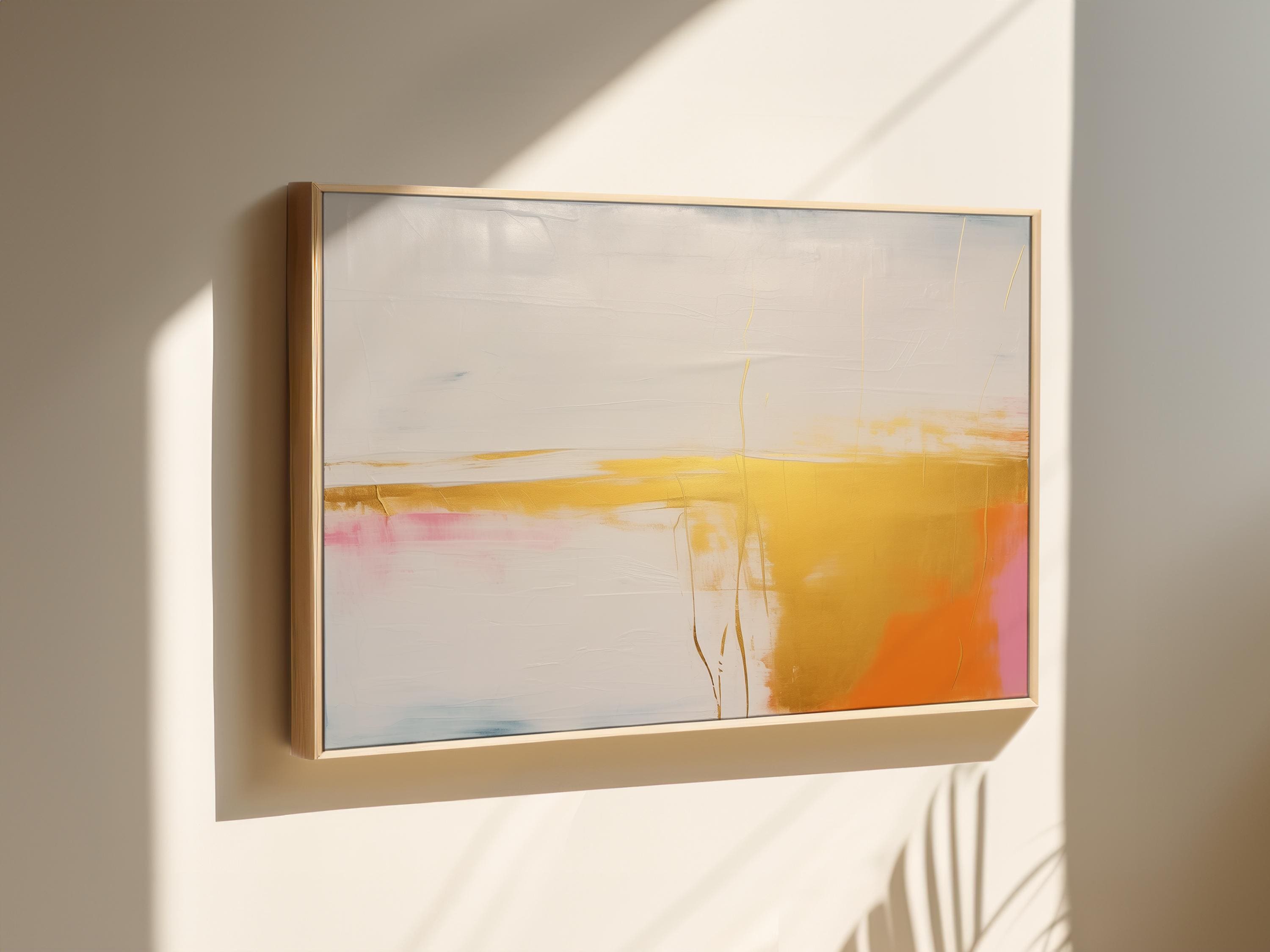 Abstract Horizontal Canvas Wall Art in Gold and Peach, Modern Minimalist Painting, Framed Decor Art for Living Room or Entryway | 367