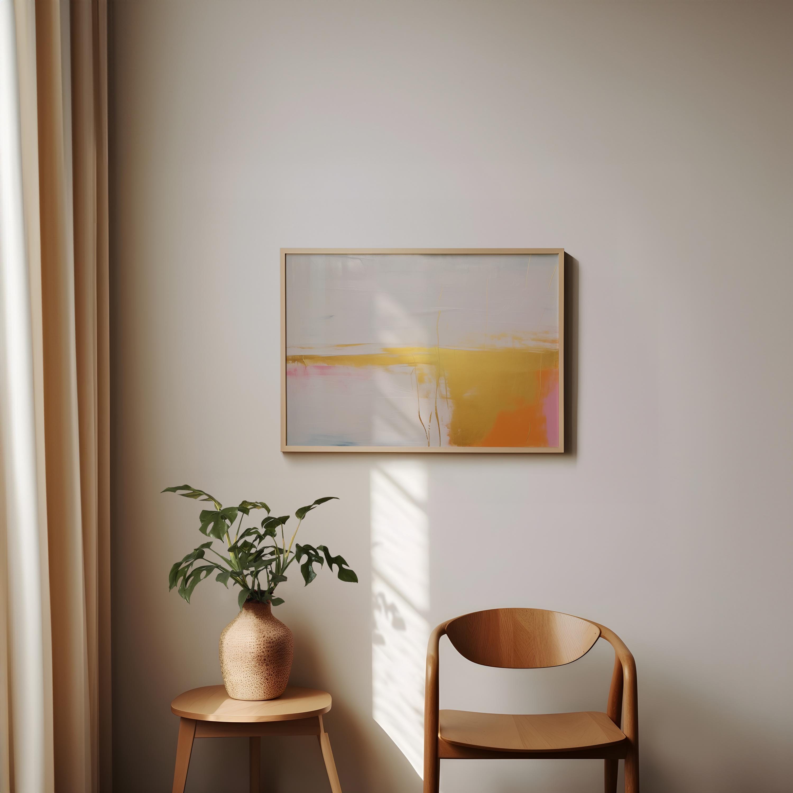 Abstract Horizontal Canvas Wall Art in Gold and Peach, Modern Minimalist Painting, Framed Decor Art for Living Room or Entryway | 367