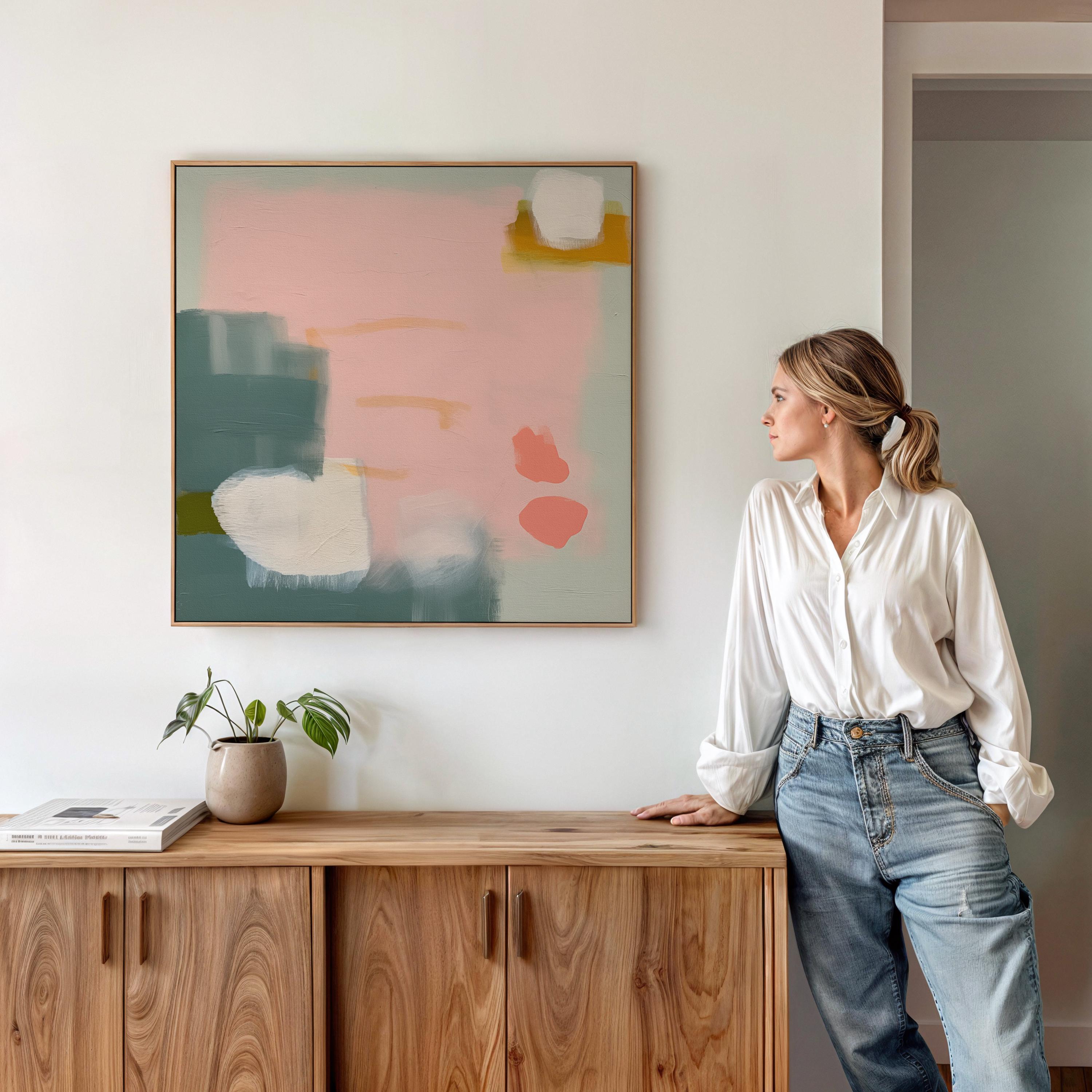 Abstract Wall Art Living Room Framed, Pink and Green Wall Art, Modern Abstract Painting on Canvas, Large Art Print, Colorful Artwork | 361