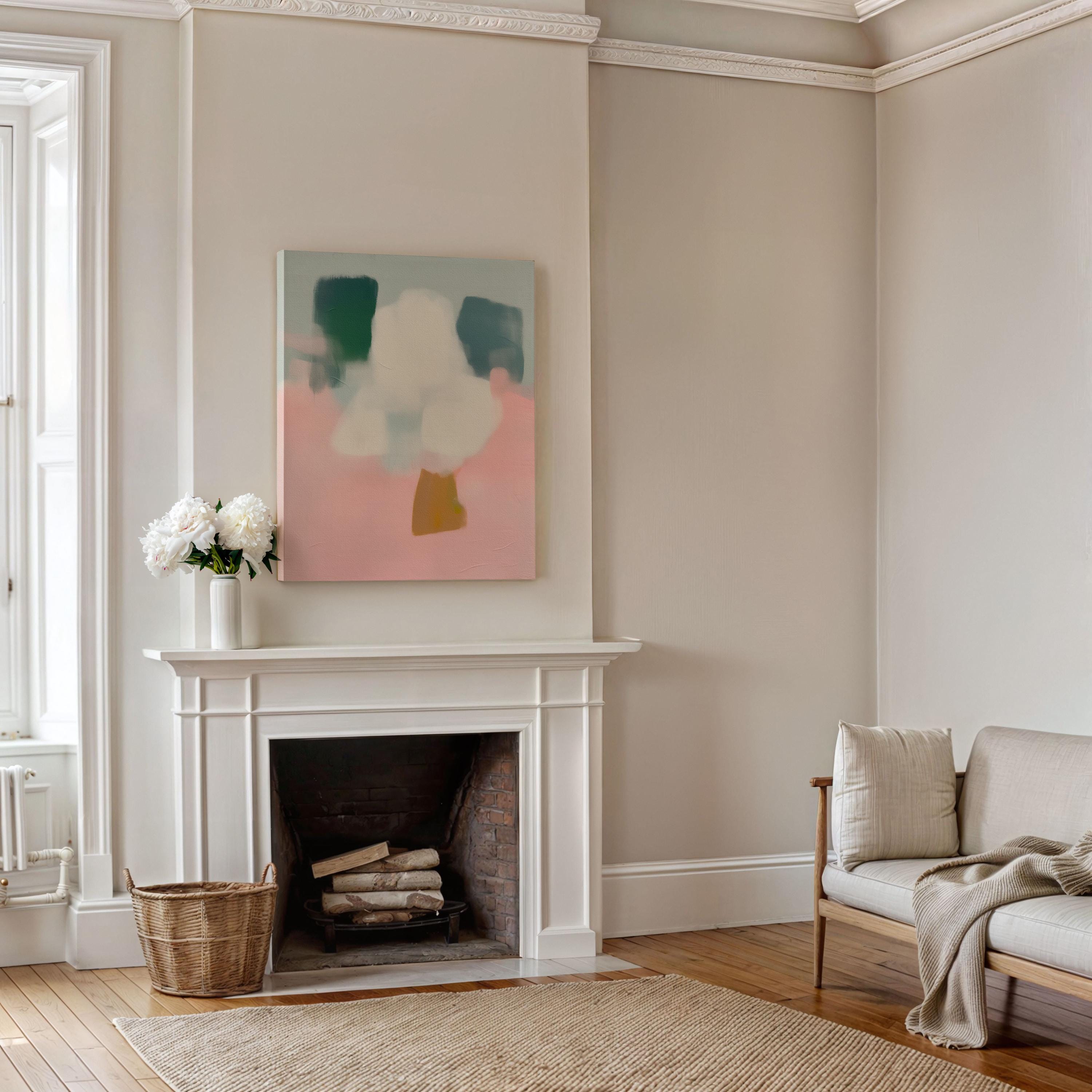Vertical abstract wall art titled “Whisper Bloom,” featuring soft sage green and blush pink tones in a pastel modern style. Ideal for nursery, kids room, or calm bedroom decor. Available as framed or gallery canvas wall art by Muse Studio.