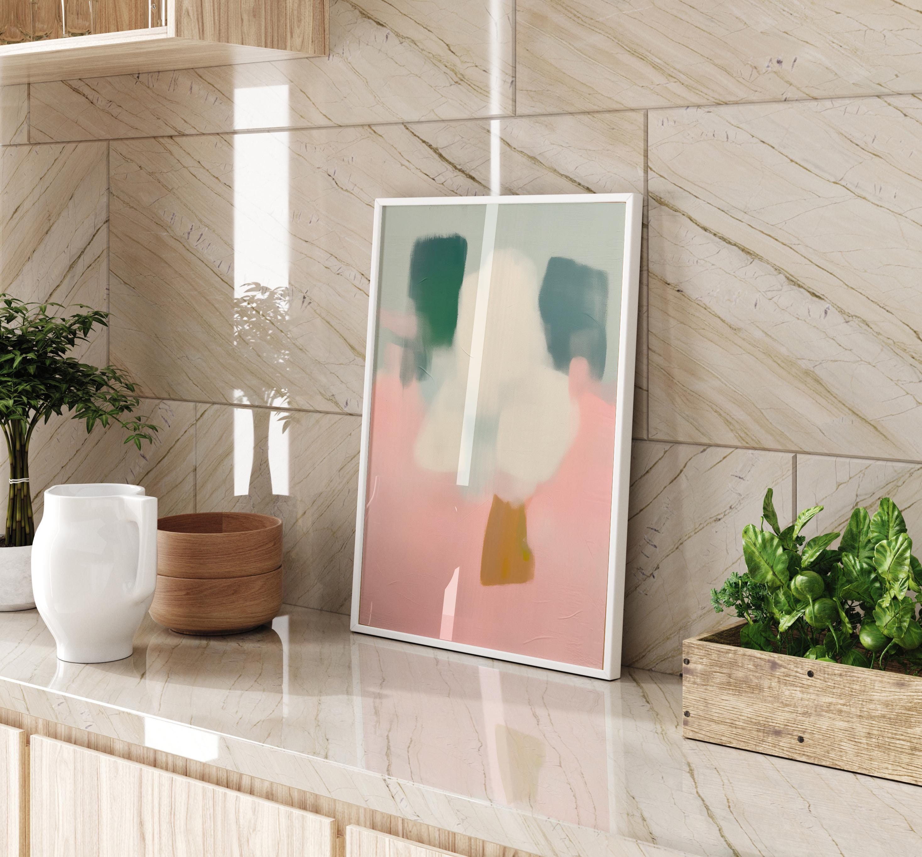 Vertical abstract wall art titled “Whisper Bloom,” featuring soft sage green and blush pink tones in a pastel modern style. Ideal for nursery, kids room, or calm bedroom decor. Available as framed or gallery canvas wall art by Muse Studio.