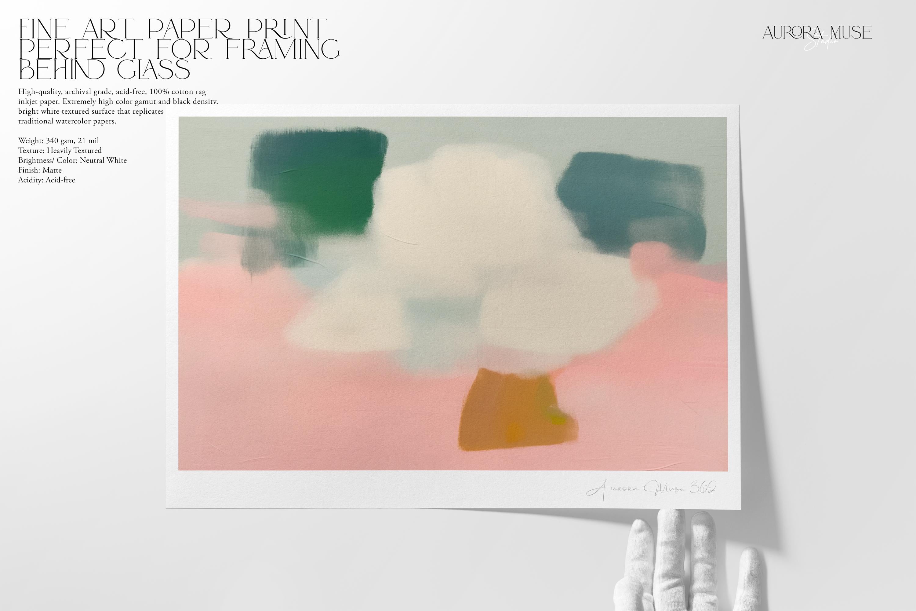 Vertical abstract wall art titled “Whisper Bloom,” featuring soft sage green and blush pink tones in a pastel modern style. Ideal for nursery, kids room, or calm bedroom decor. Available as framed or gallery canvas wall art by Muse Studio.