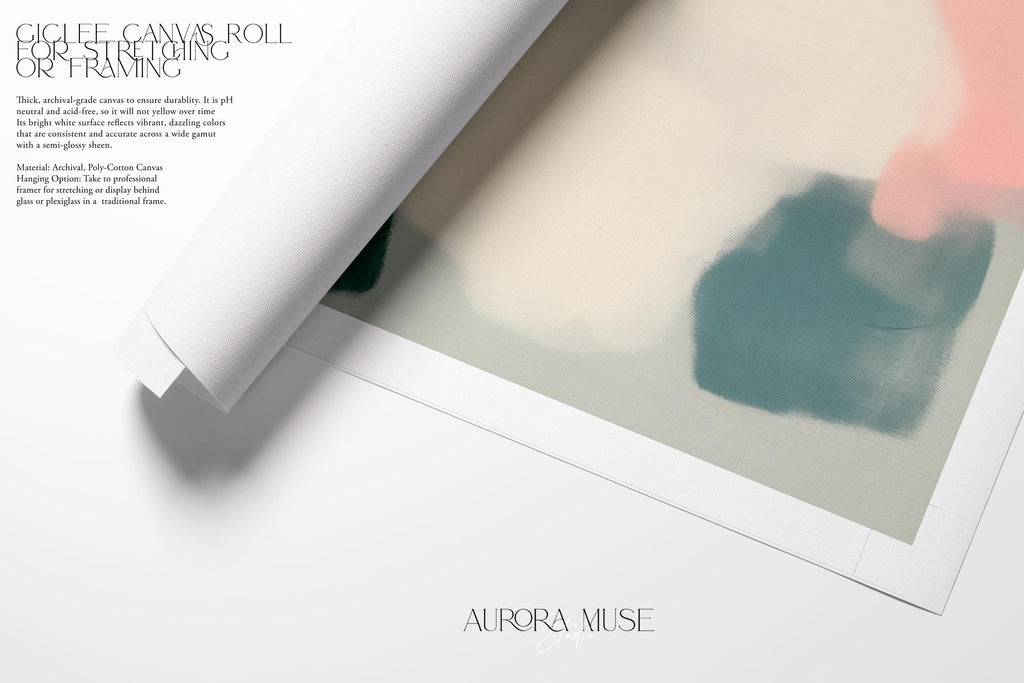 Vertical abstract wall art titled “Whisper Bloom,” featuring soft sage green and blush pink tones in a pastel modern style. Ideal for nursery, kids room, or calm bedroom decor. Available as framed or gallery canvas wall art by Muse Studio.
