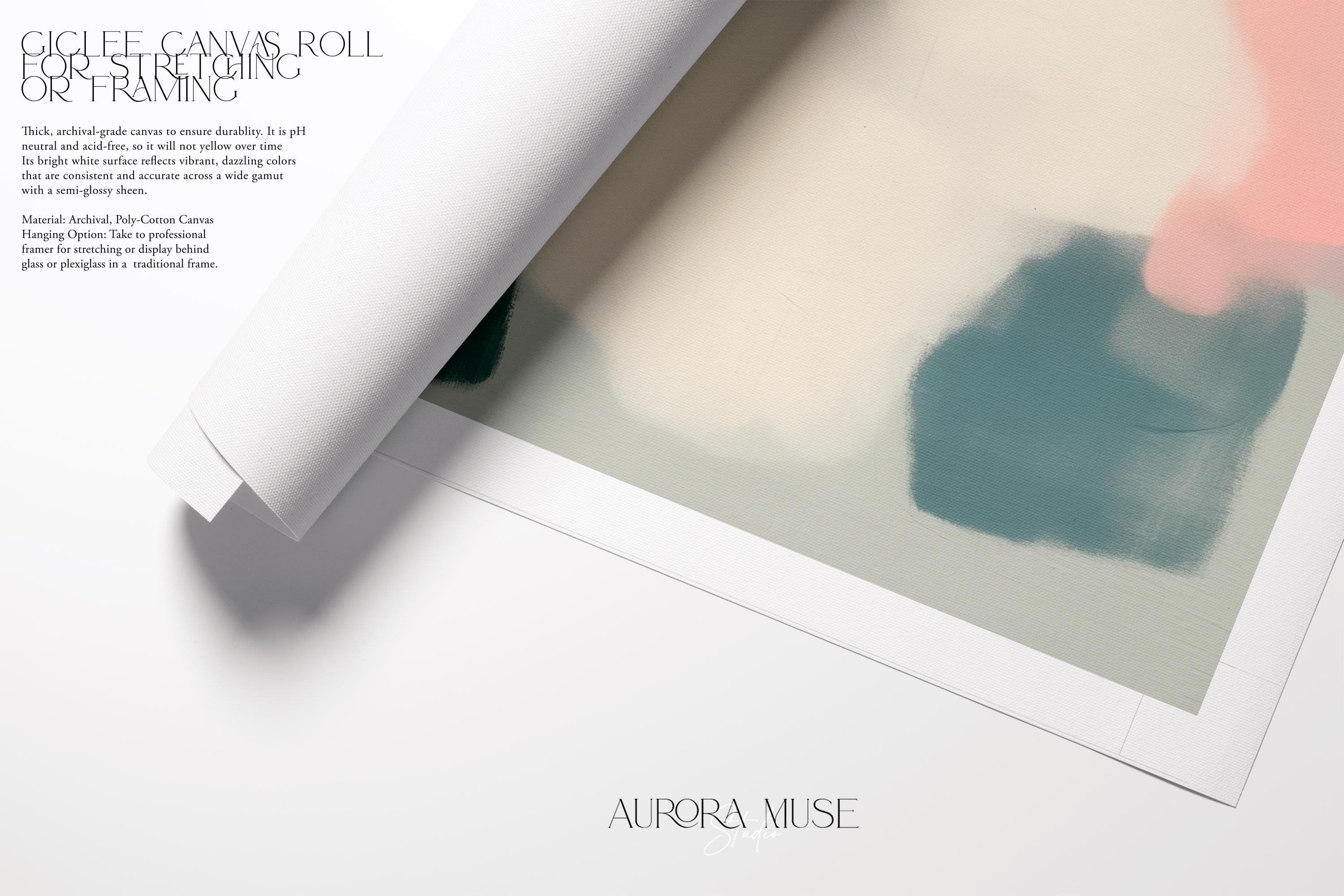 Vertical abstract wall art titled “Whisper Bloom,” featuring soft sage green and blush pink tones in a pastel modern style. Ideal for nursery, kids room, or calm bedroom decor. Available as framed or gallery canvas wall art by Muse Studio.