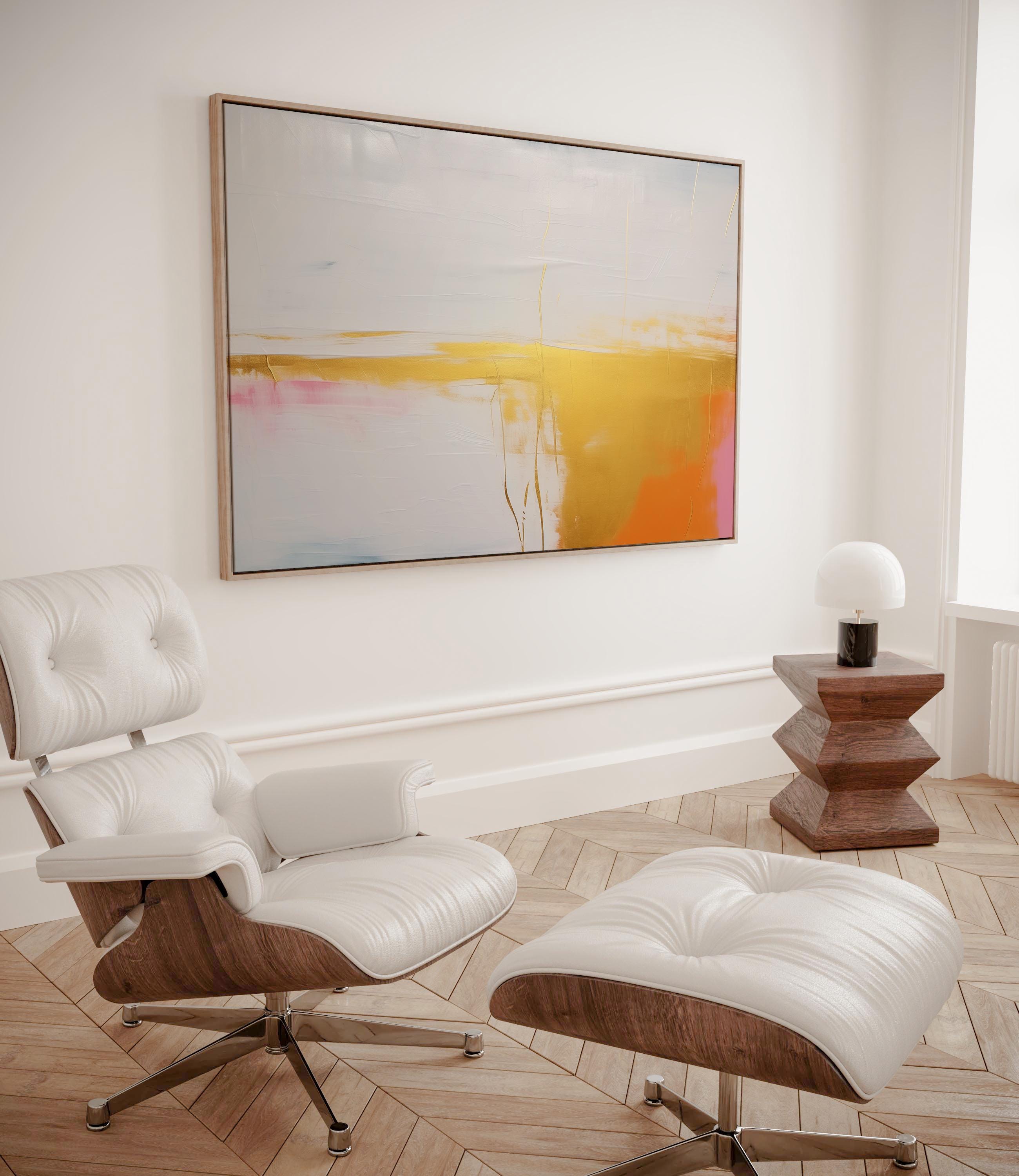 Abstract Horizontal Canvas Wall Art in Gold and Peach, Modern Minimalist Painting, Framed Decor Art for Living Room or Entryway | 367