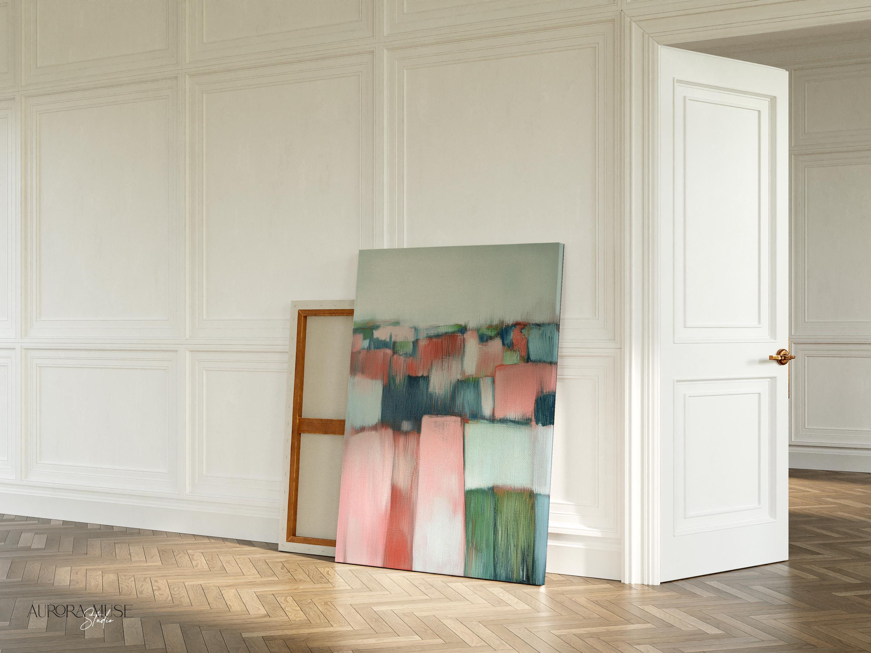 Colorful abstract wall art staged in modern neutral home decor. Large statement art print displayed in living room, bedroom, or office space. Vibrant canvas or giclée print adds bold style to contemporary interiors, perfect for home decor, office staging, and design projects