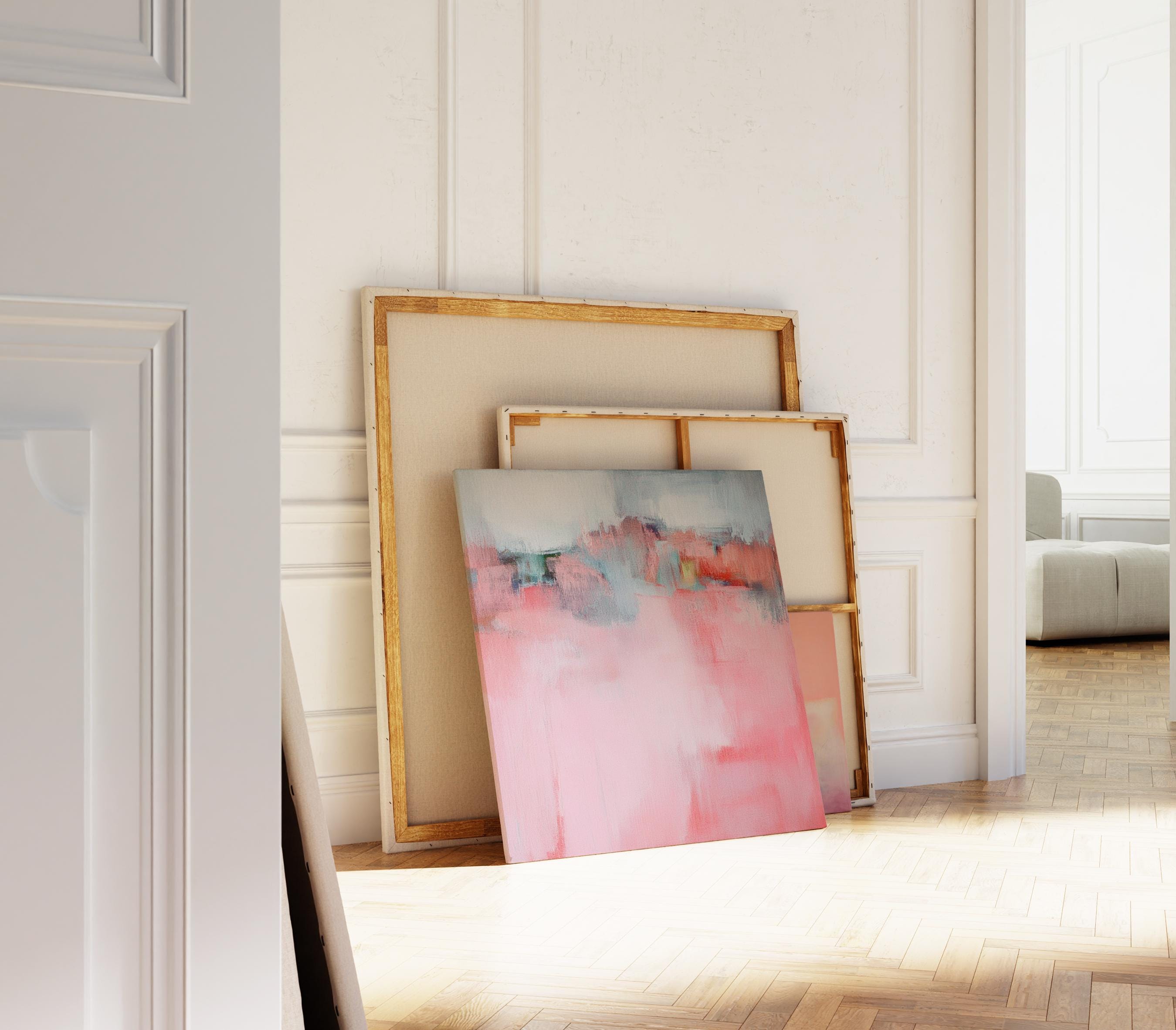 Coral Blush Abstract Canvas Wall Art, Soft Pastel Modern Painting, Oversized Stretched Canvas for Bedroom, Warm Minimalist Decor • MUSE 386