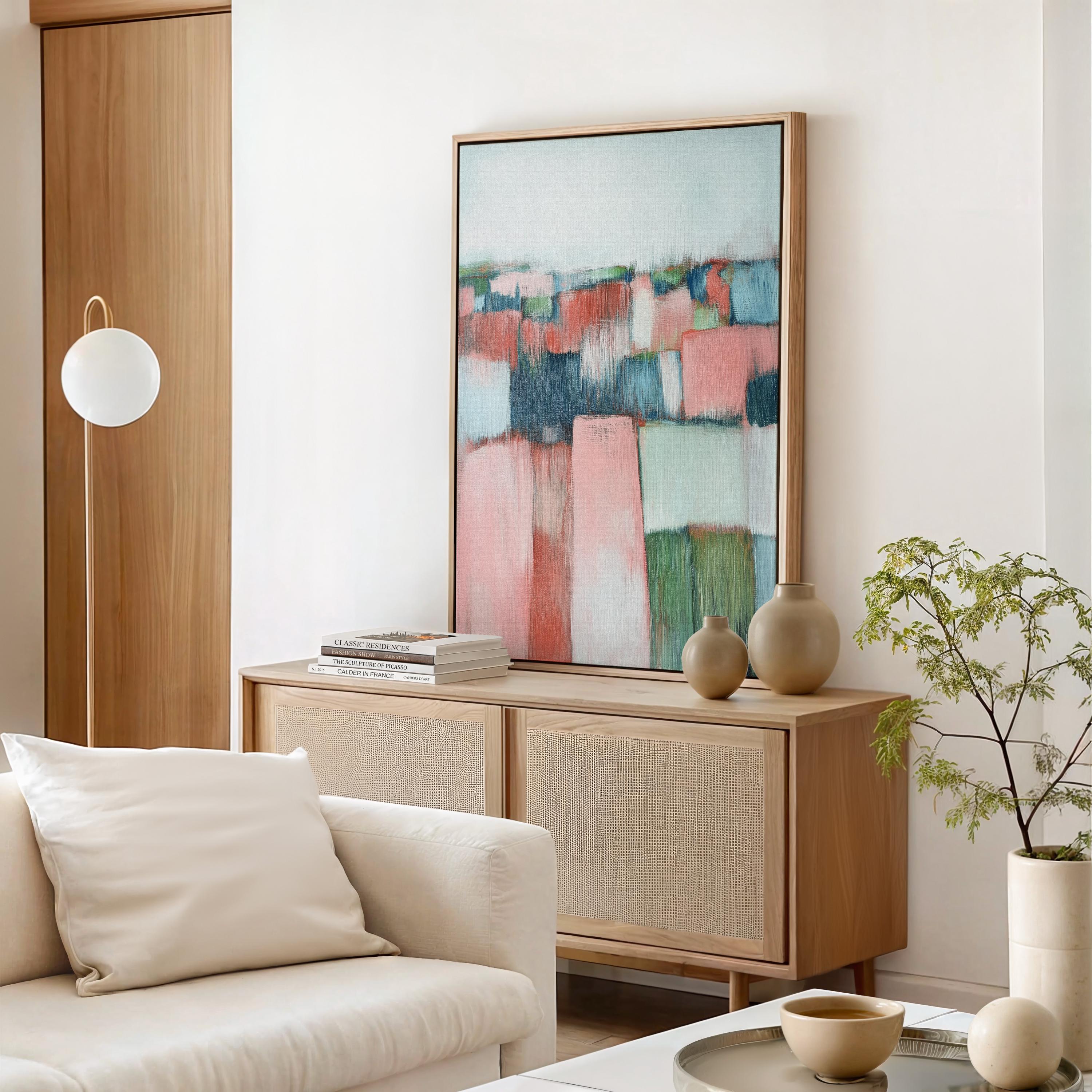 Horizontal abstract wall art in green and blush pink tones with a rustic farmhouse aesthetic and textural movement. Perfect for living rooms, bedrooms, or transitional interiors. Available as framed canvas or gallery-wrapped giclée wall art by Muse Studio.