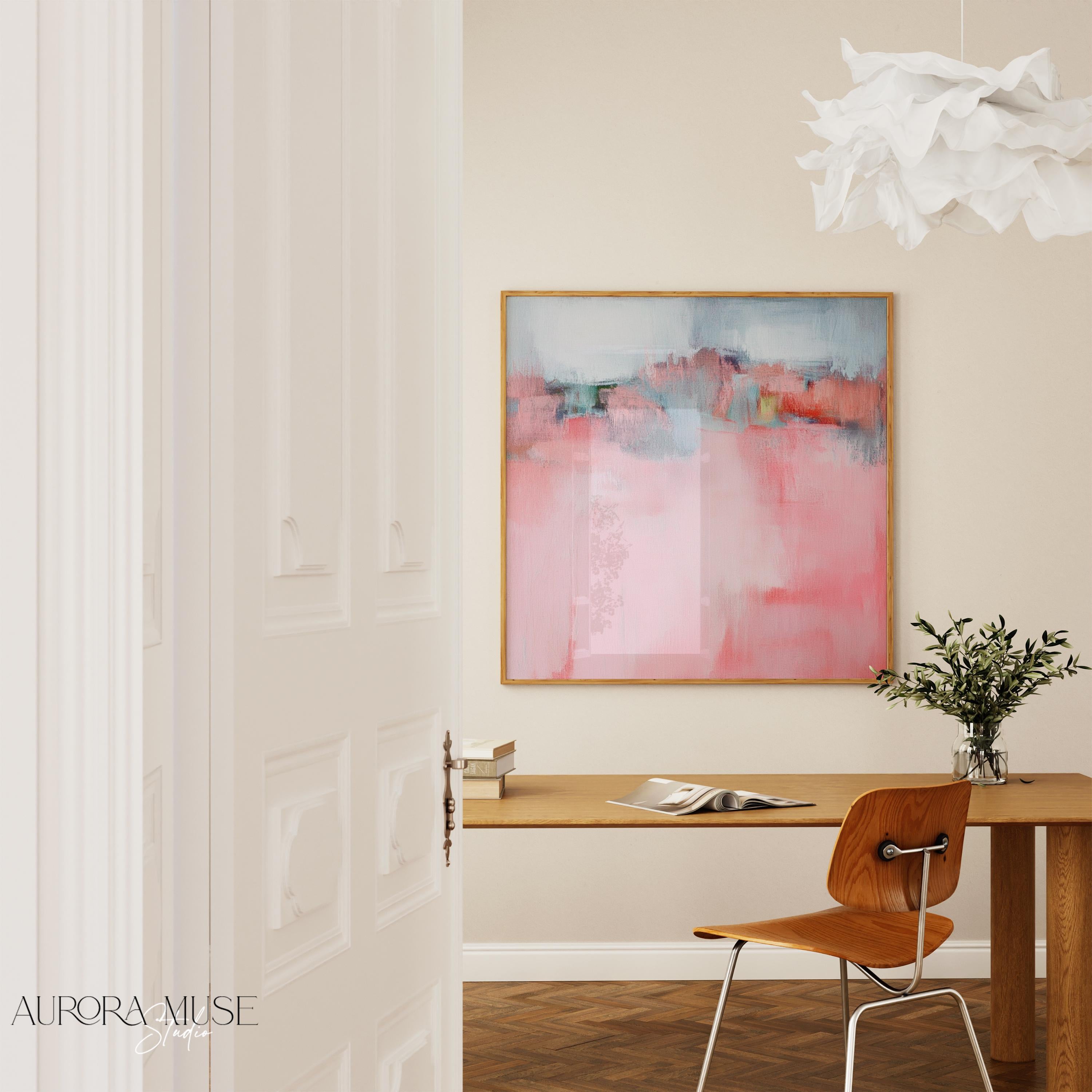 Coral Blush Abstract Canvas Wall Art, Soft Pastel Modern Painting, Oversized Stretched Canvas for Bedroom, Warm Minimalist Decor • MUSE 386