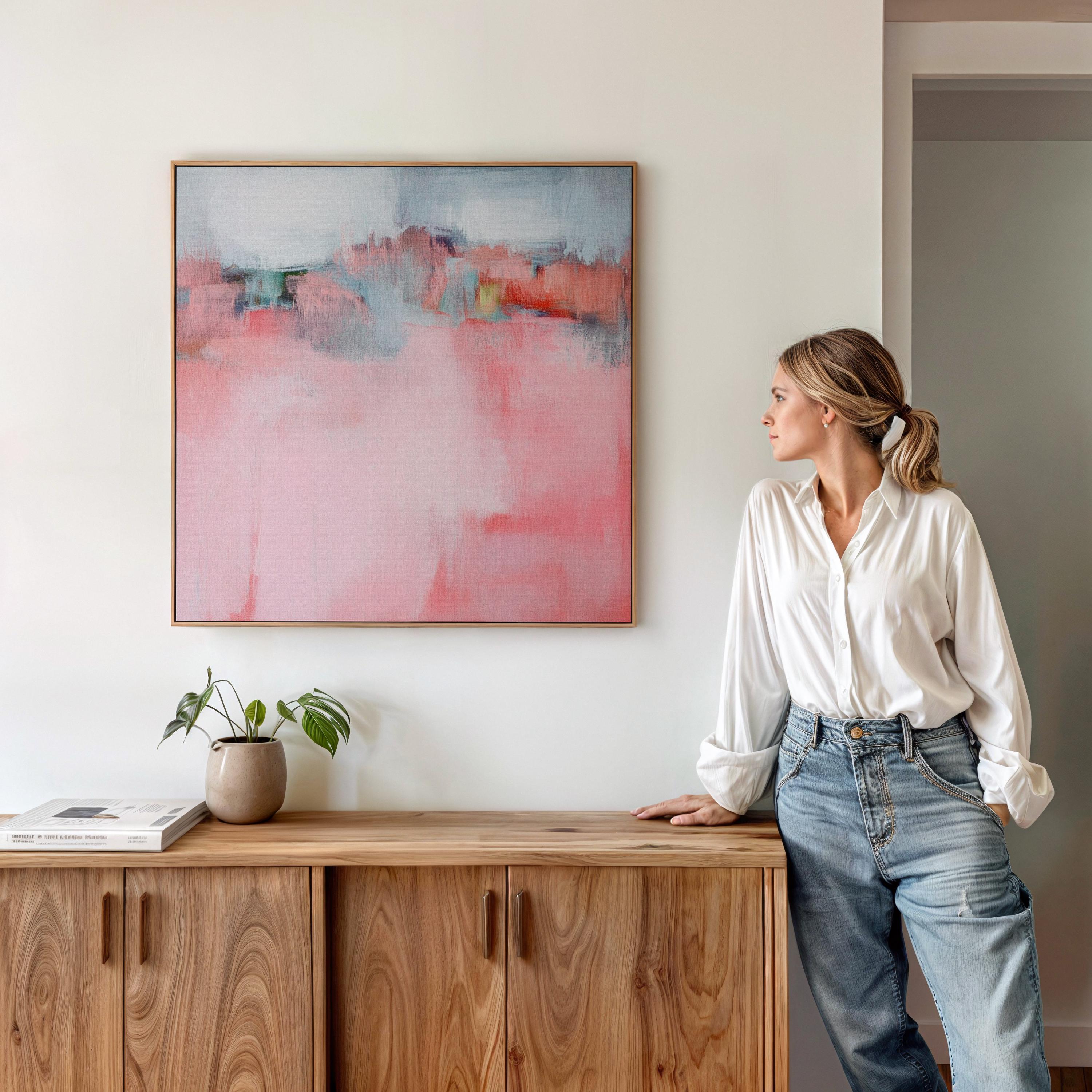 Large Framed Wall Art, colorful canvas, large abstract print, pink painting, large art print, home gift, Pink & Sage Green | Aurora Muse 386
