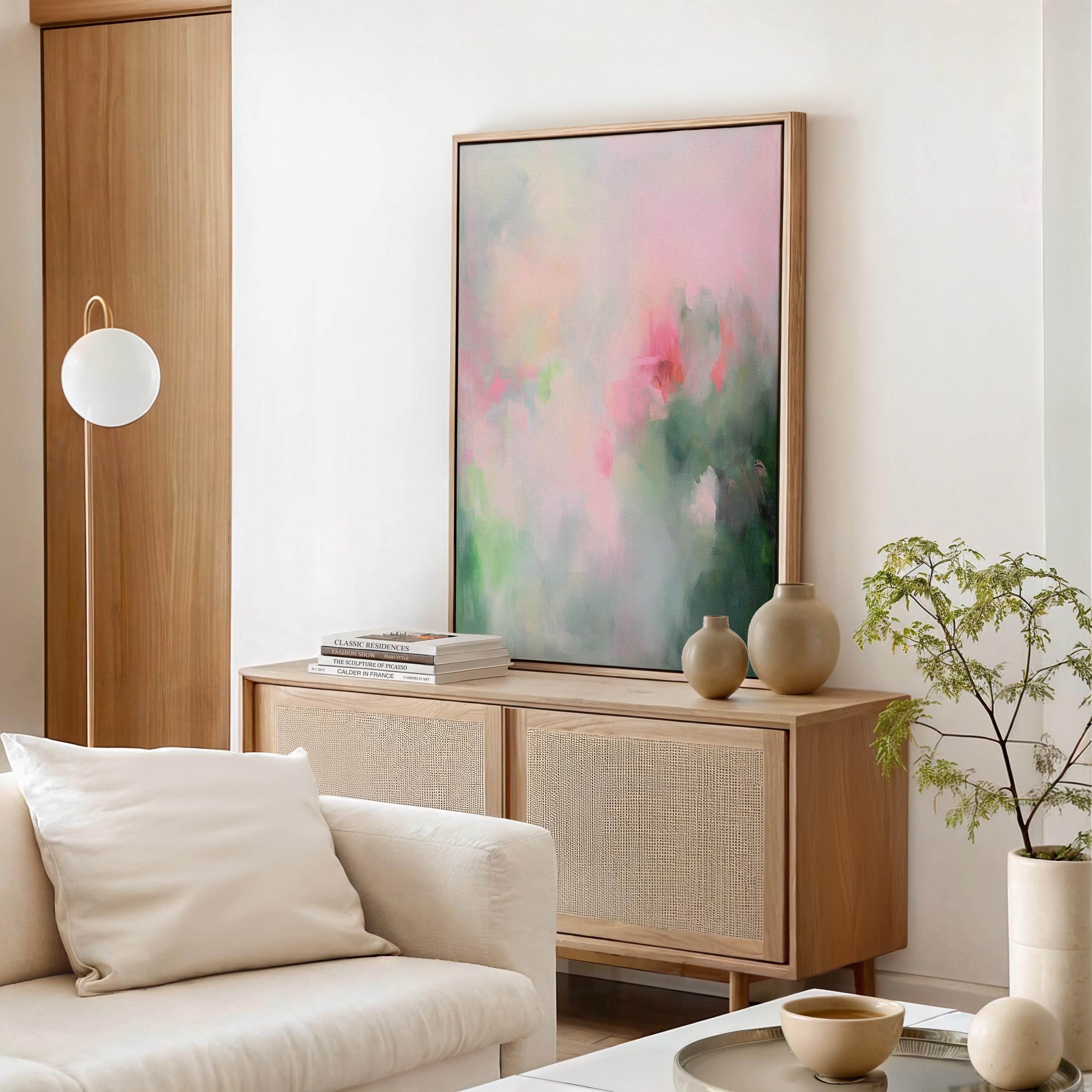 Vertical pastel abstract wall art in blush pink, magenta, and green tones with soft texture and gentle movement. Designed in a contemporary style ideal for bedrooms, living rooms, or modern interiors. Available as framed canvas or gallery-wrapped giclée wall art by Muse Studio.