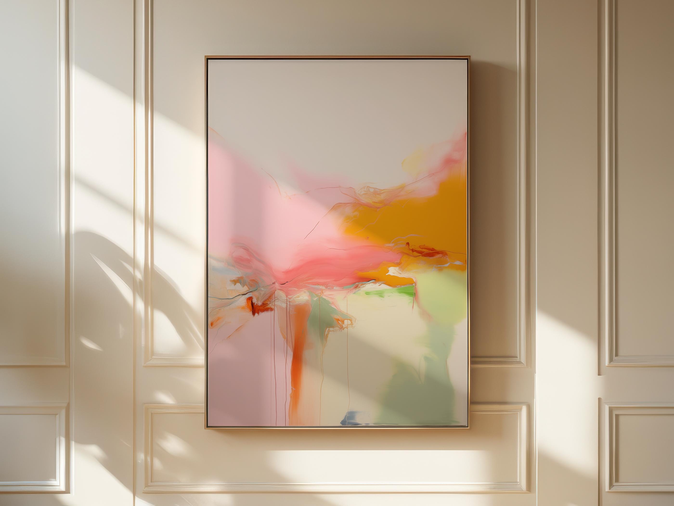Vertical colorful abstract wall art featuring coral, turquoise, violet, and gold tones in a vibrant contemporary style. Ideal as a statement piece for living room or studio interiors. Available as framed canvas or gallery-wrapped giclée wall art by Muse Studio