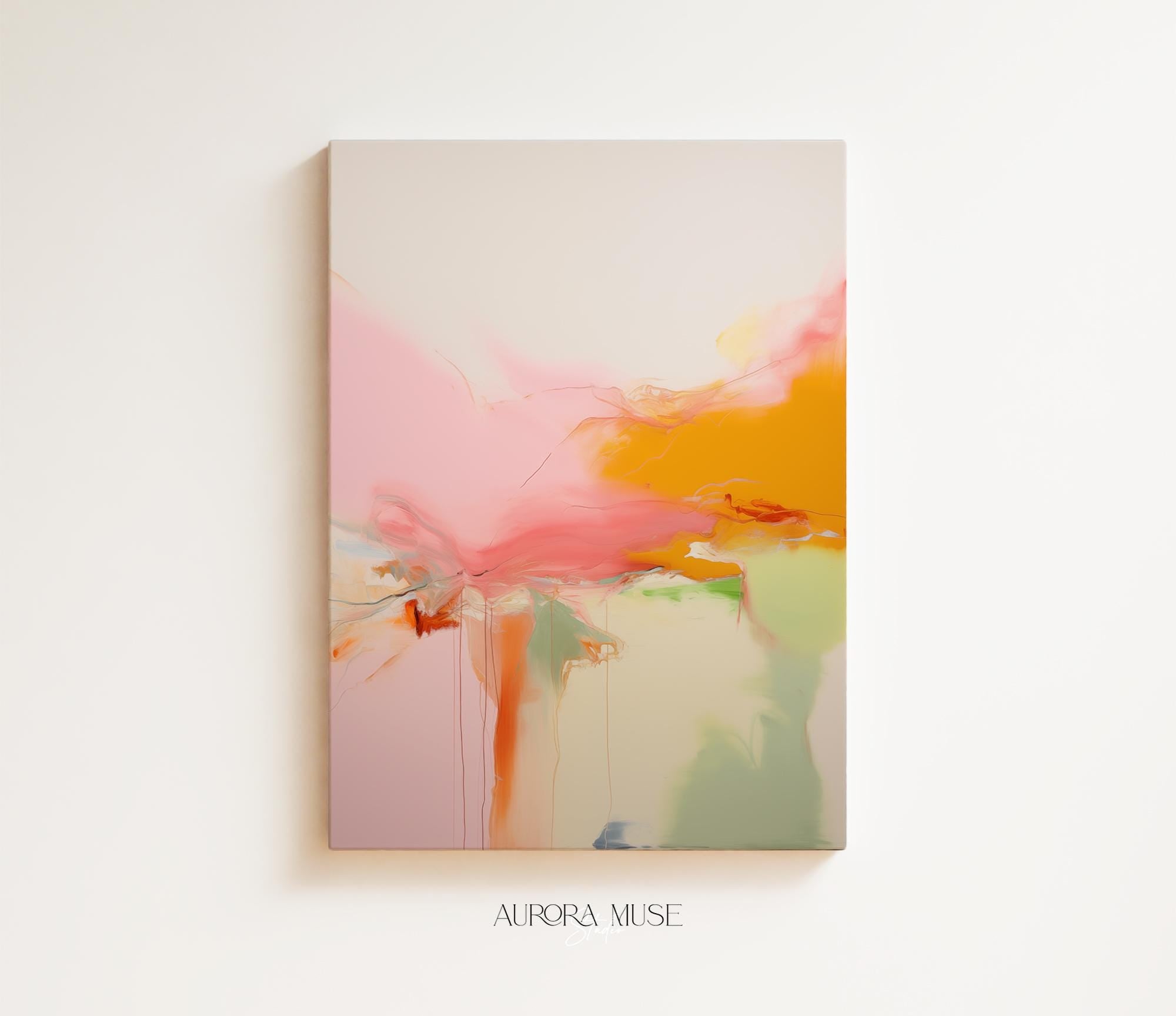 Vertical colorful abstract wall art featuring coral, turquoise, violet, and gold tones in a vibrant contemporary style. Ideal as a statement piece for living room or studio interiors. Available as framed canvas or gallery-wrapped giclée wall art by Muse Studio