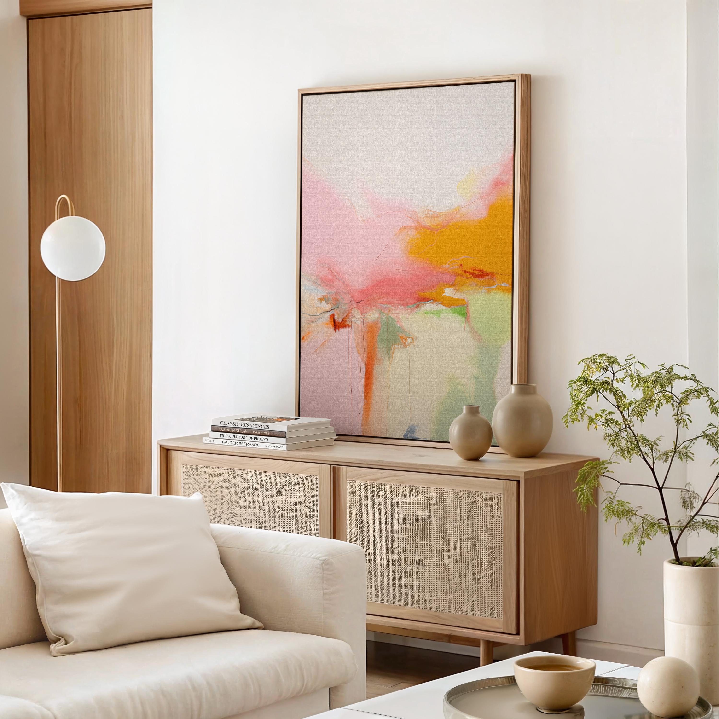 Vertical colorful abstract wall art featuring coral, turquoise, violet, and gold tones in a vibrant contemporary style. Ideal as a statement piece for living room or studio interiors. Available as framed canvas or gallery-wrapped giclée wall art by Muse Studio
