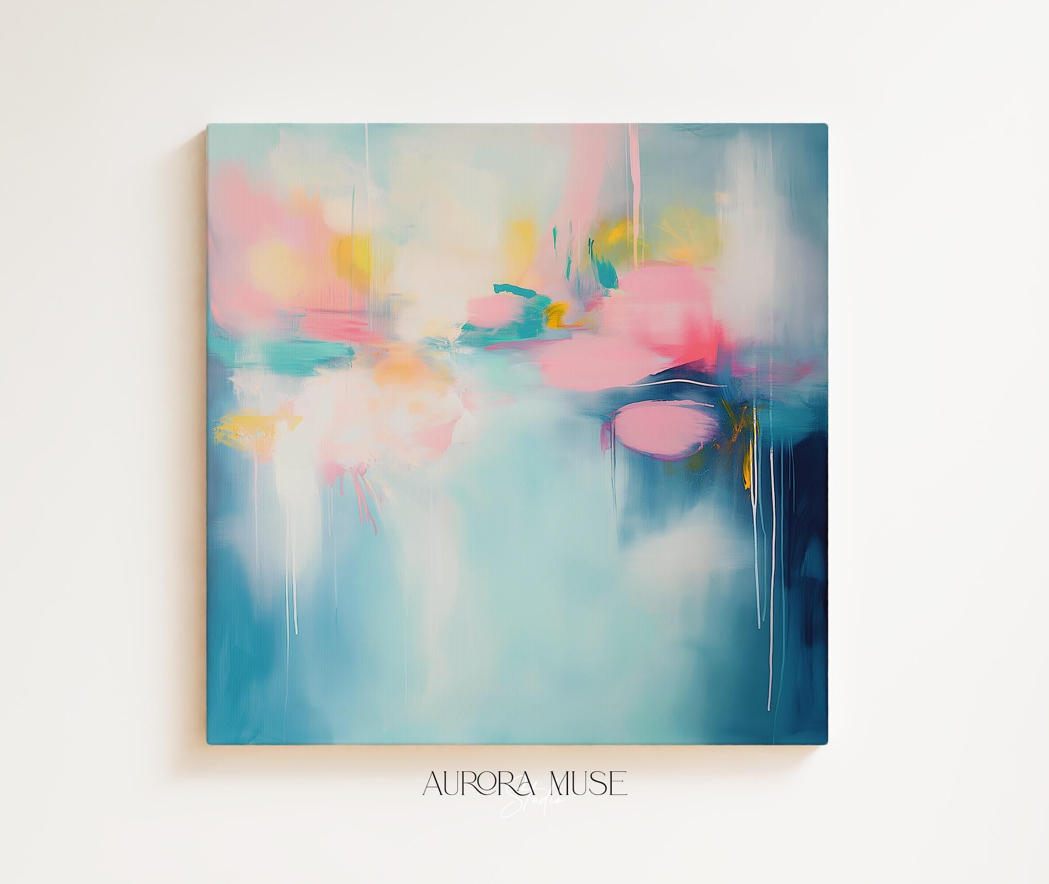 Bright Aqua and Pink Abstract Canvas Art, Framed Square Wall Decor for Modern Homes, Color Pop Painting for Living Room or Office 393