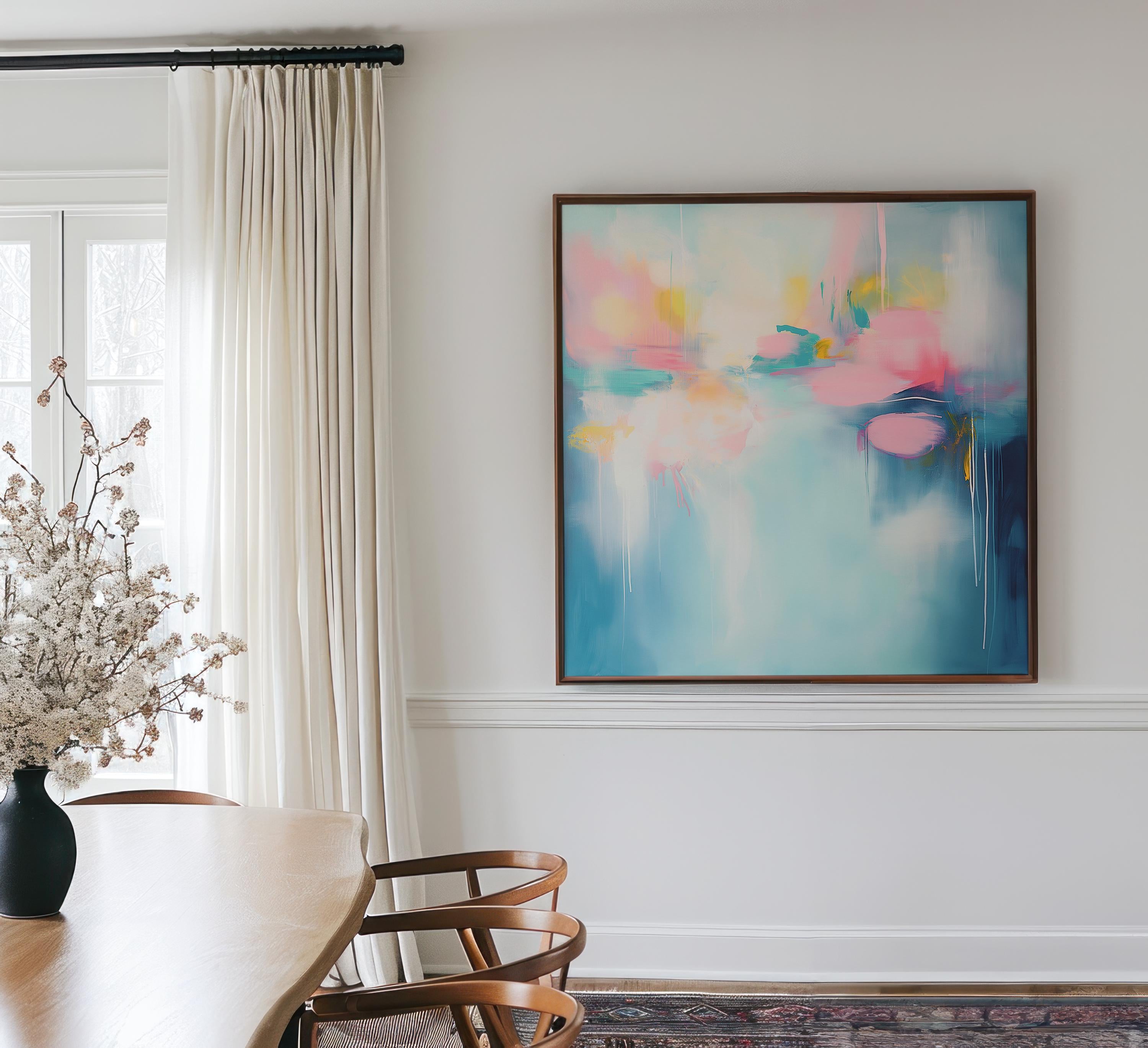 Bright Aqua and Pink Abstract Canvas Art, Framed Square Wall Decor for Modern Homes, Color Pop Painting for Living Room or Office 393