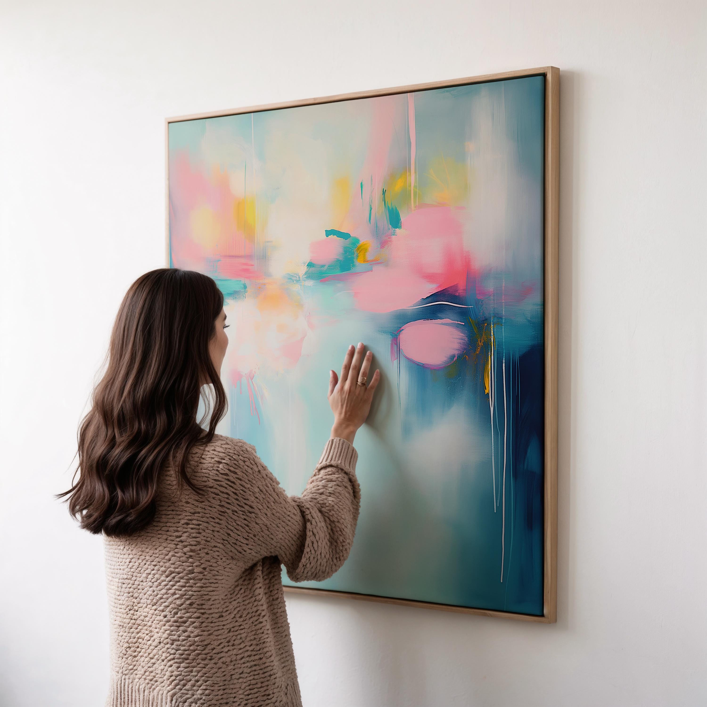 Bright Aqua and Pink Abstract Canvas Art, Framed Square Wall Decor for Modern Homes, Color Pop Painting for Living Room or Office 393