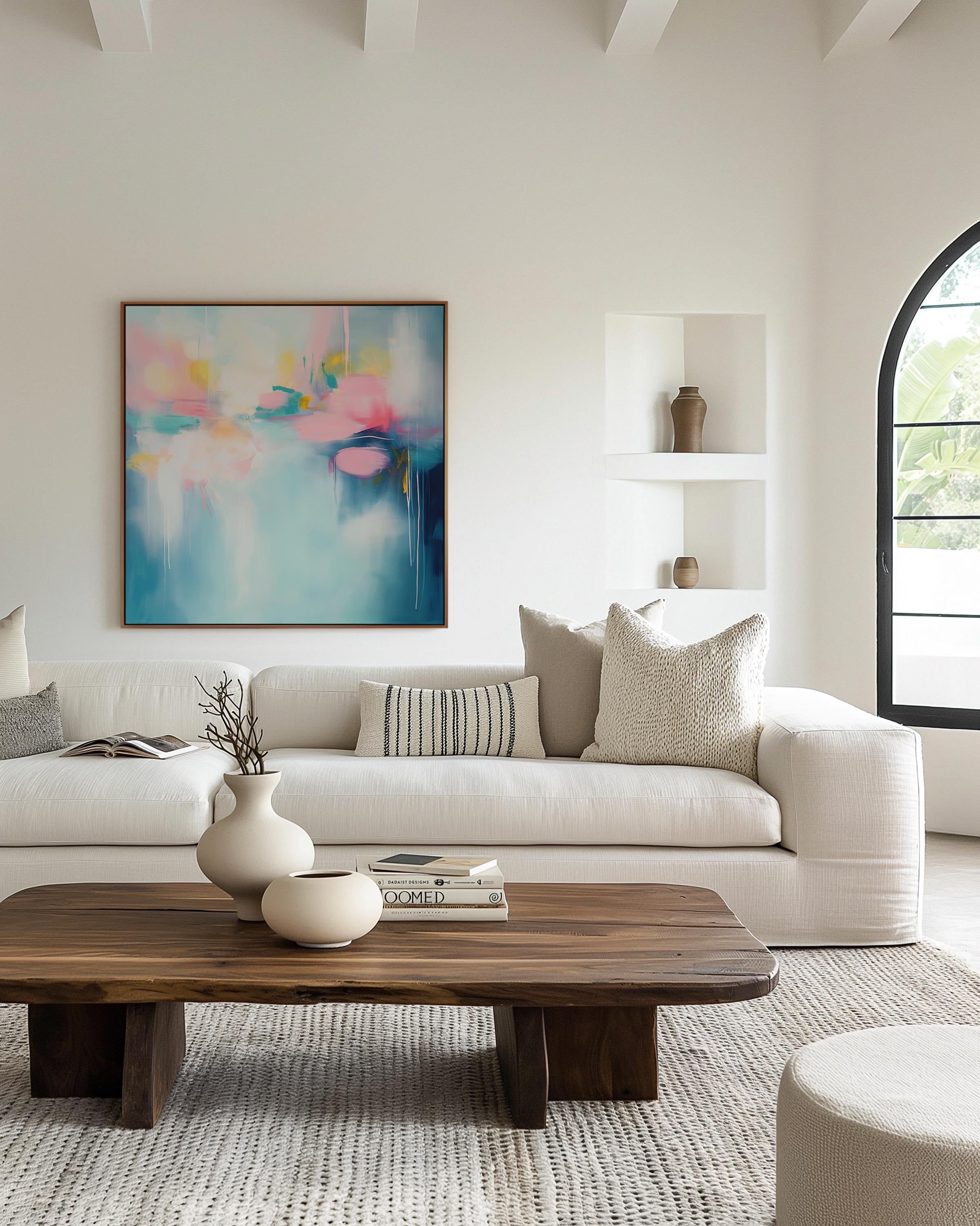 Bright Aqua and Pink Abstract Canvas Art, Framed Square Wall Decor for Modern Homes, Color Pop Painting for Living Room or Office 393