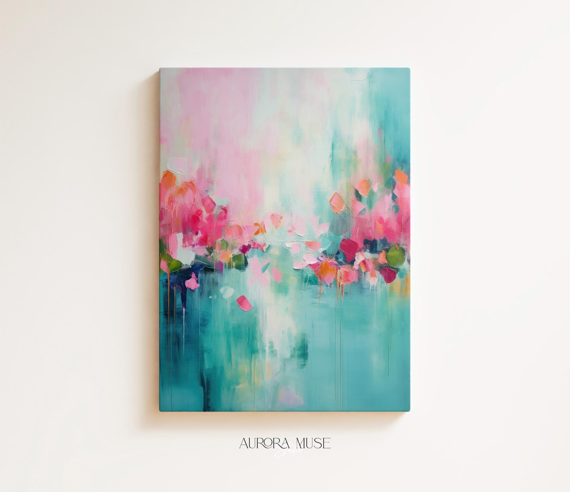 Framed Wall Art | Abstract Painting | Colorful Giclee Canvas Print | Modern Living Room Decor | Large Statement Artwork | Teal & Pink | 206