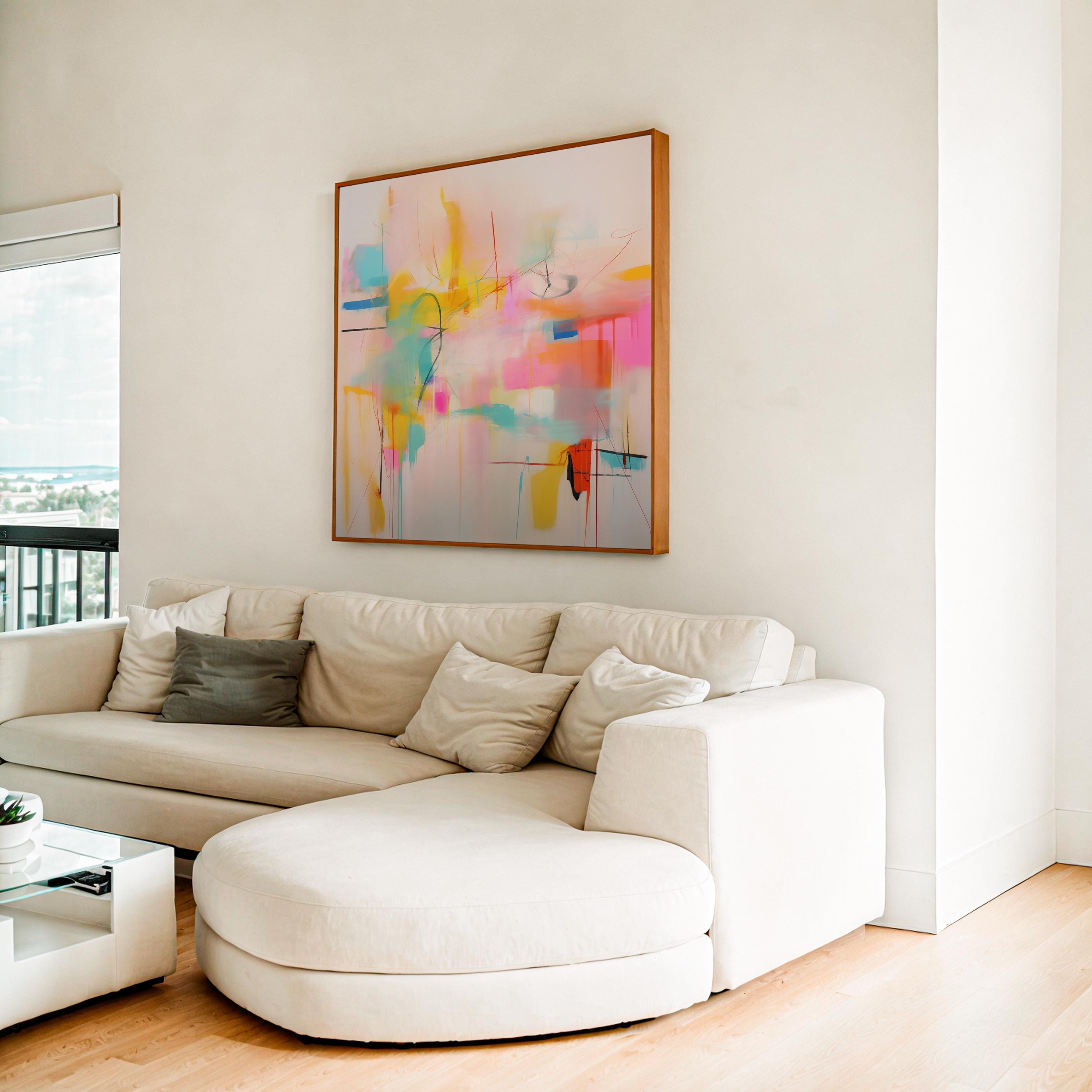 Contemporary Abstract Canvas Art, Colorful Home Wall Decor, Large Statement Piece, Modern Art for Living Room, Pink Yellow | Aurora Muse 031