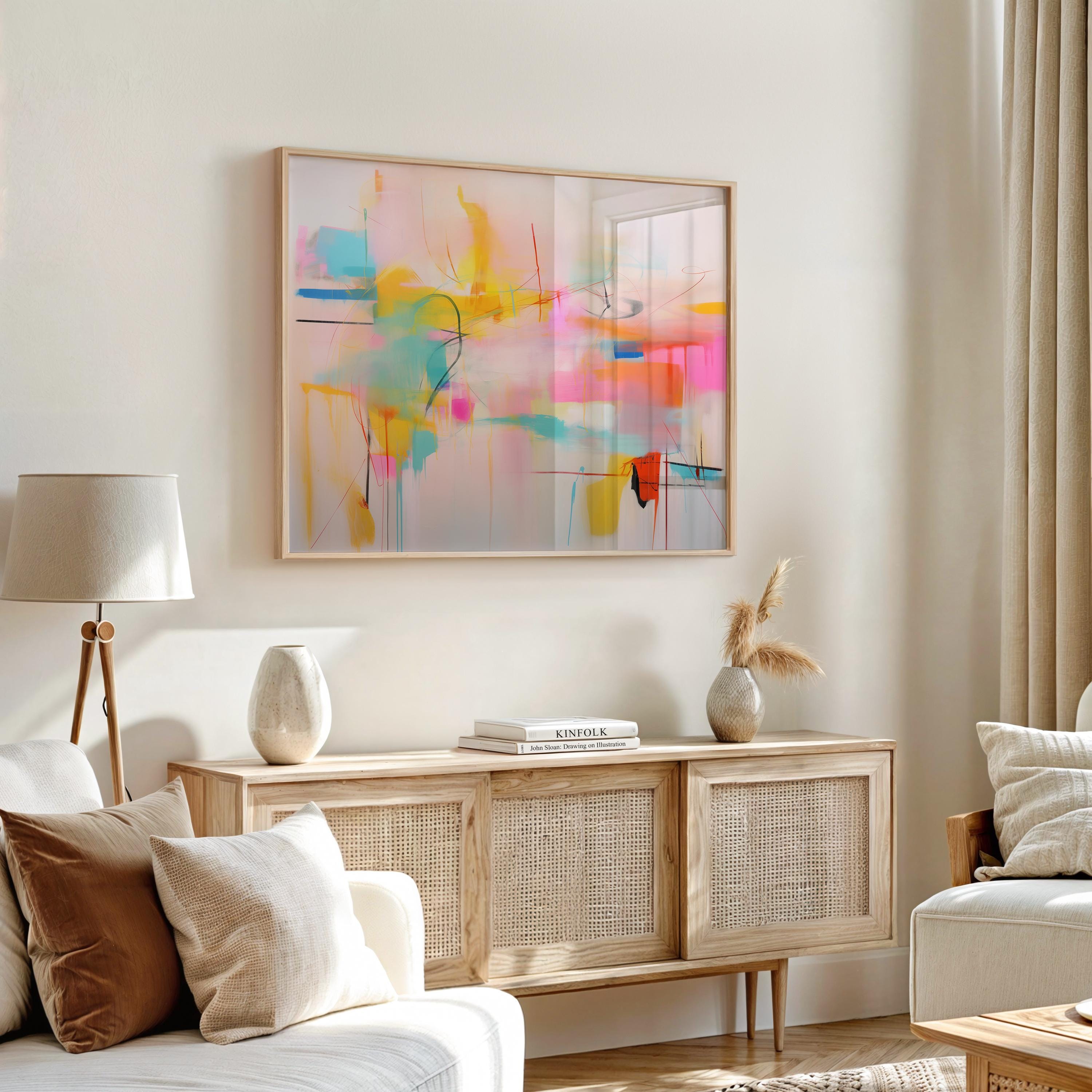 Contemporary Abstract Canvas Art, Colorful Home Wall Decor, Large Statement Piece, Modern Art for Living Room, Pink Yellow | Aurora Muse 031