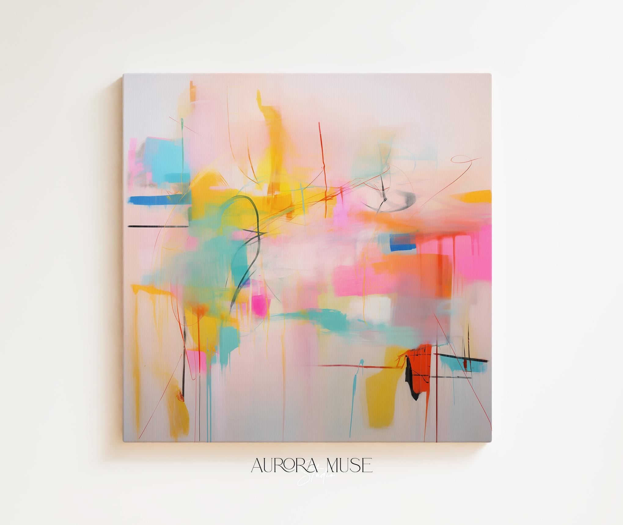 Contemporary Abstract Canvas Art, Colorful Home Wall Decor, Large Statement Piece, Modern Art for Living Room, Pink Yellow | Aurora Muse 031