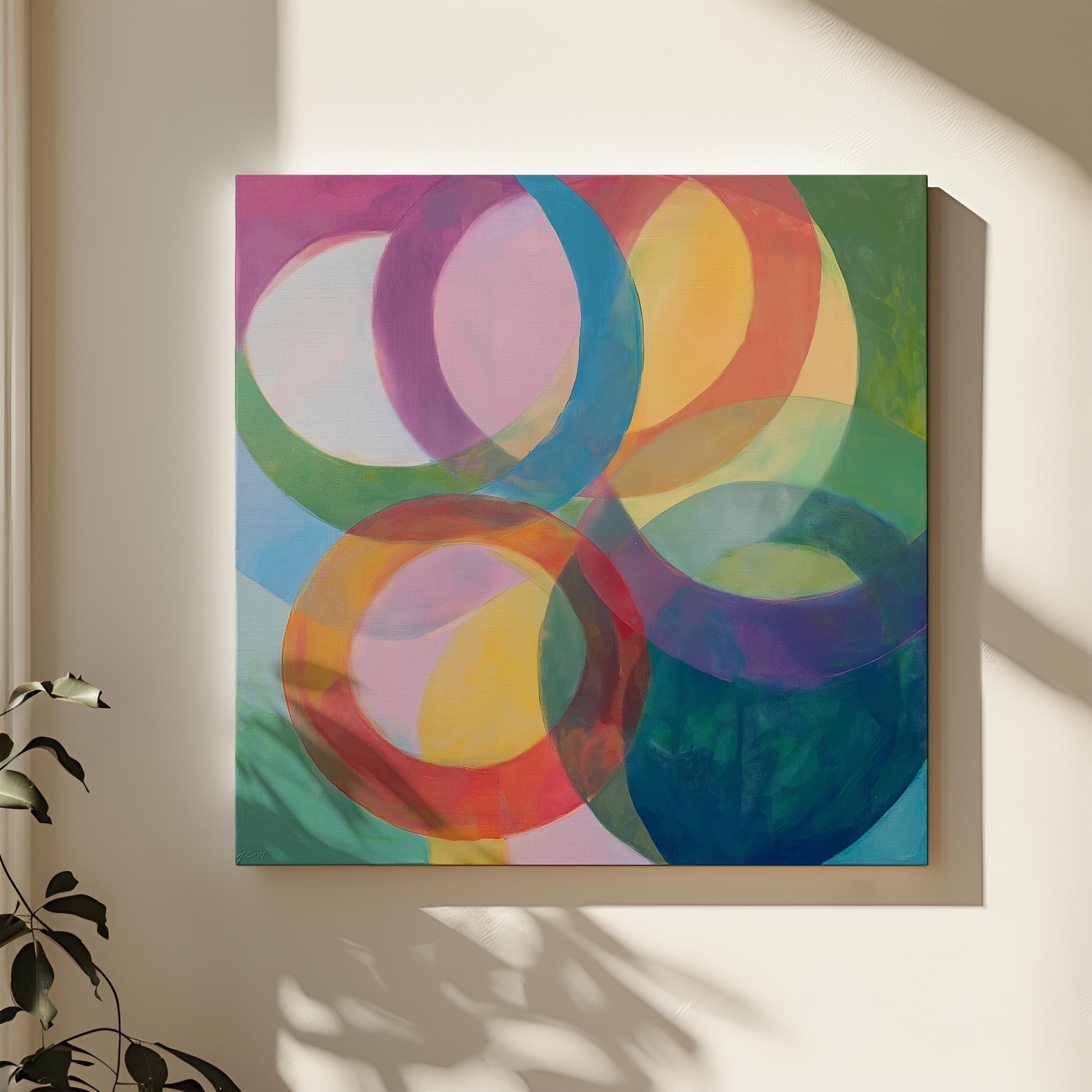Large square abstract wall art featuring bold pink and orange geometric circles in a retro-inspired composition, printed as large canvas wall art and styled in a modern home office to create a vibrant mid-century statement focal point.