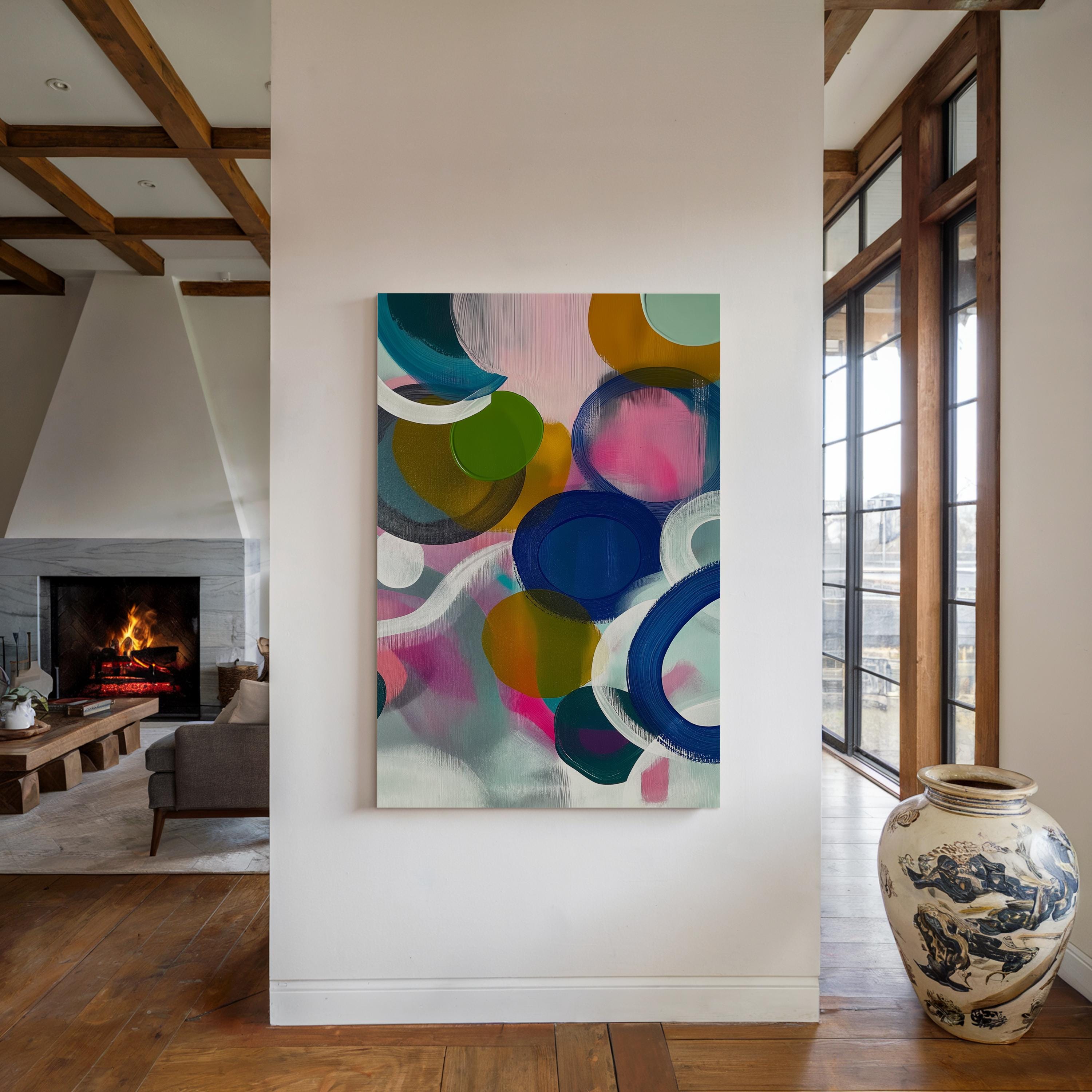 Large square abstract wall art featuring bright pink, blue, and green tones in a bold color pop composition, printed as large canvas wall art and styled in a modern living room to create an energetic statement focal point.