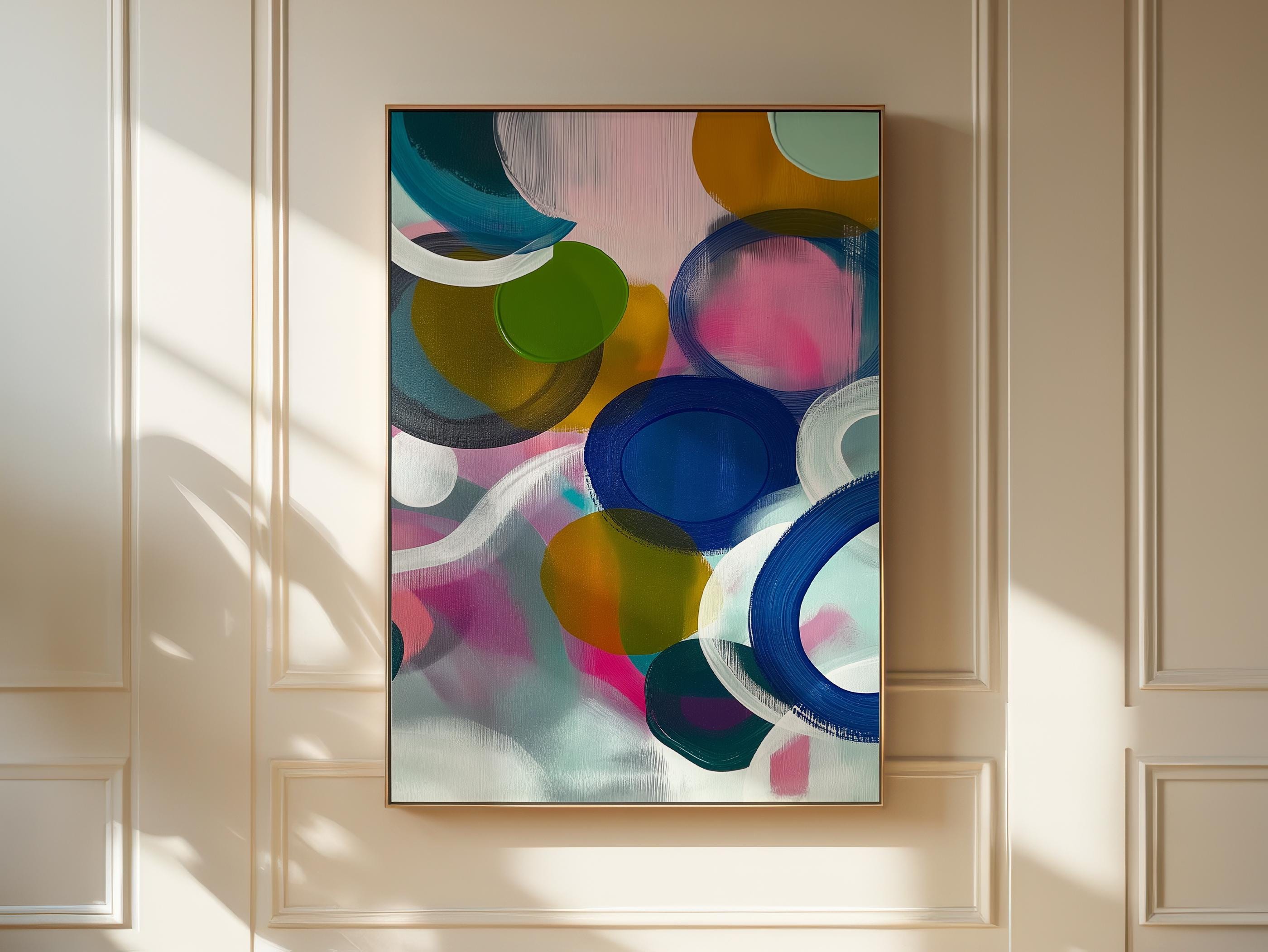 Large square abstract wall art featuring bright pink, blue, and green tones in a bold color pop composition, printed as large canvas wall art and styled in a modern living room to create an energetic statement focal point.