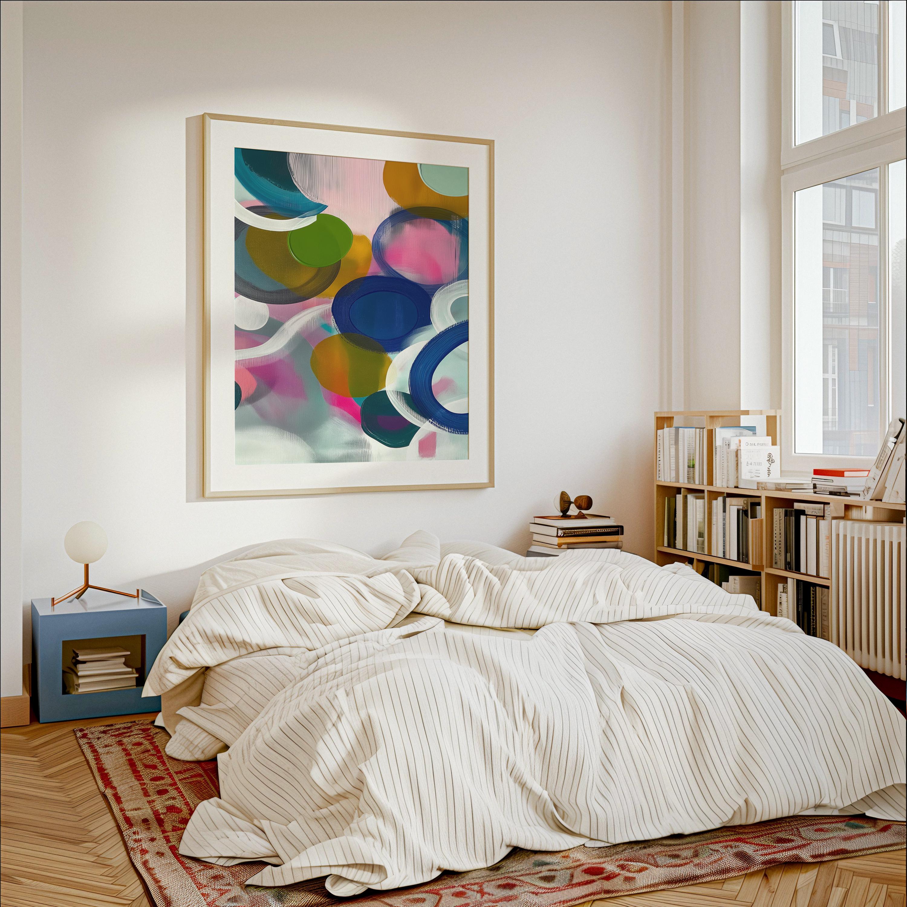 Large square abstract wall art featuring bright pink, blue, and green tones in a bold color pop composition, printed as large canvas wall art and styled in a modern living room to create an energetic statement focal point.