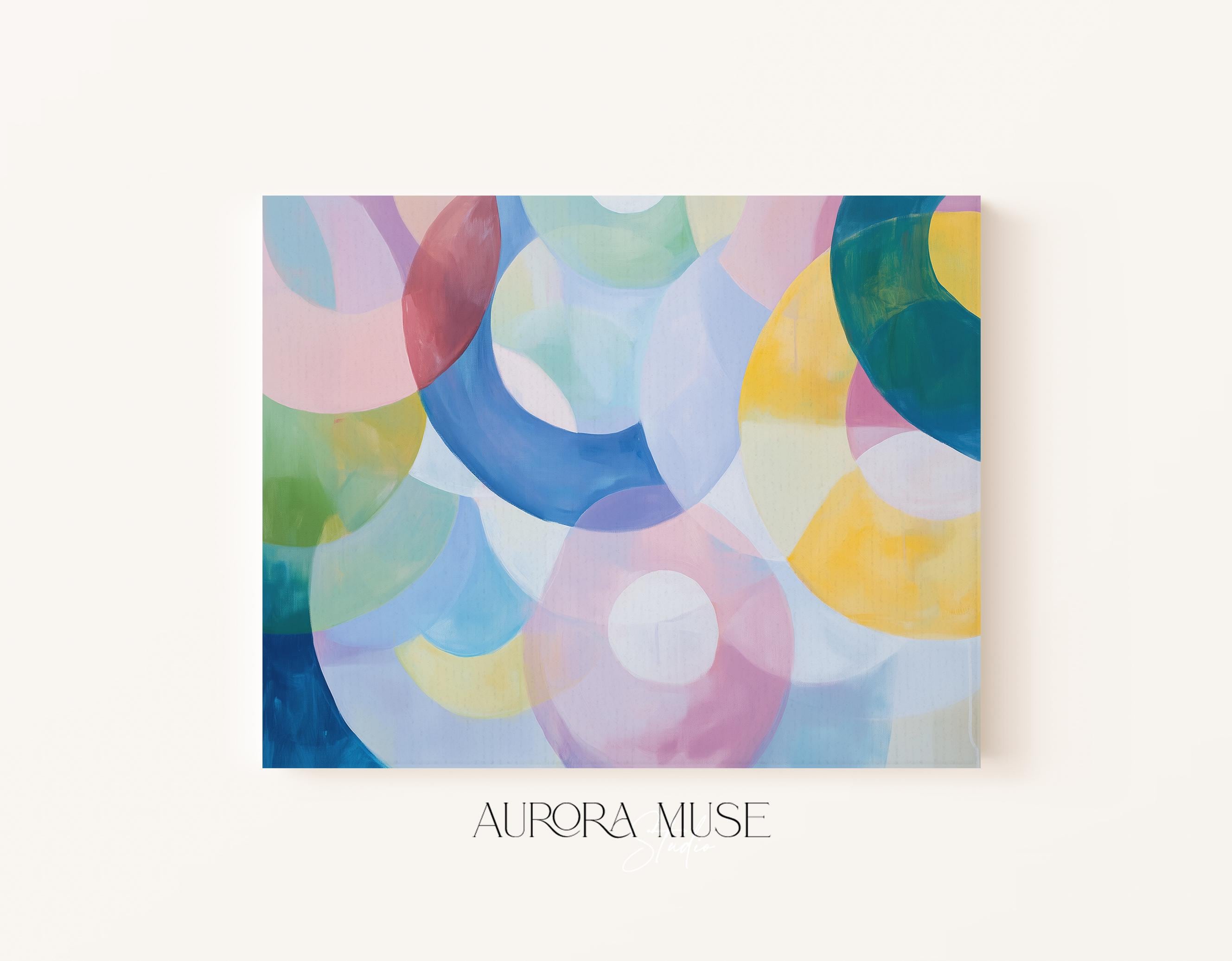 Kaleidoscope No. 401 by Muse Studio & Co. pastel abstract wall art print with soft pink, blue, and multicolor circles, printed with museum-grade giclée inks on premium artist paper, styled as playful colorful decor in a kids room or nursery.