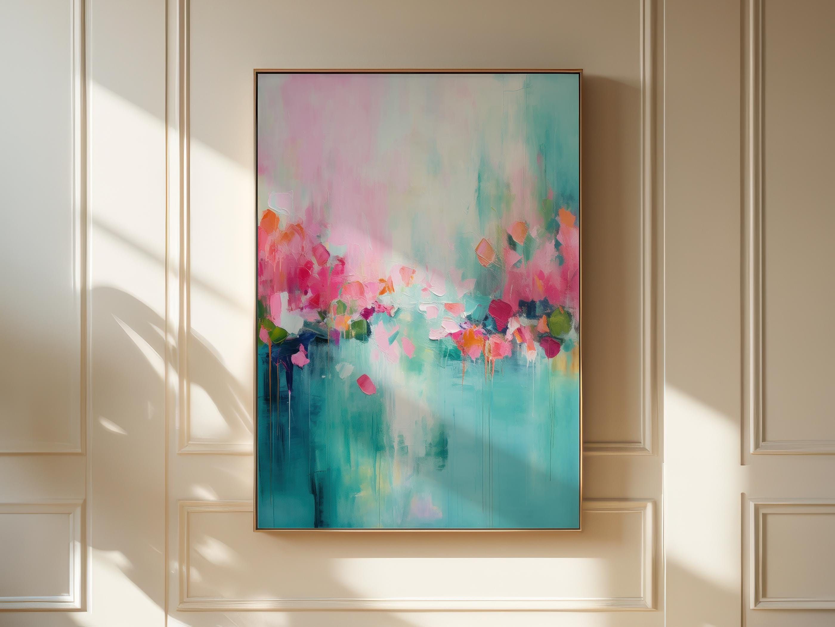 Framed Wall Art | Abstract Painting | Colorful Giclee Canvas Print | Modern Living Room Decor | Large Statement Artwork | Teal & Pink | 206