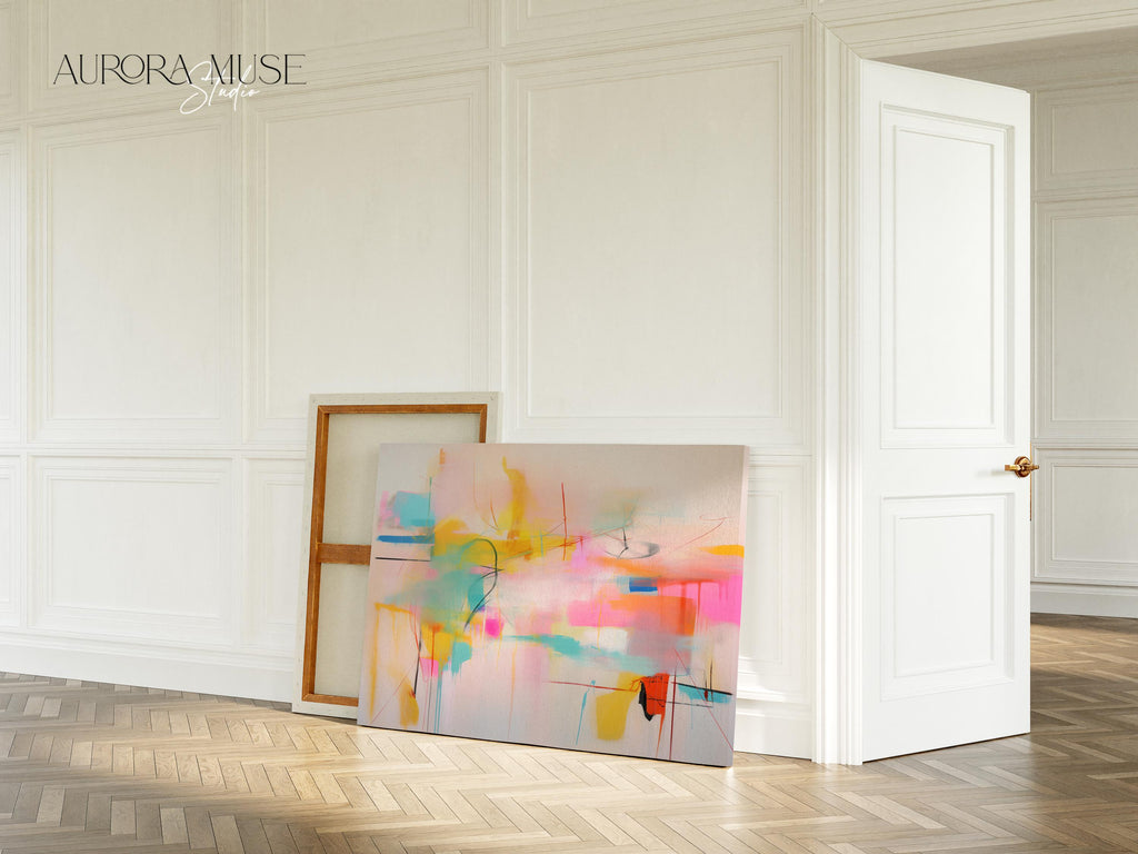 Contemporary Abstract Canvas Art, Colorful Home Wall Decor, Large Statement Piece, Modern Art for Living Room, Pink Yellow | Aurora Muse 031