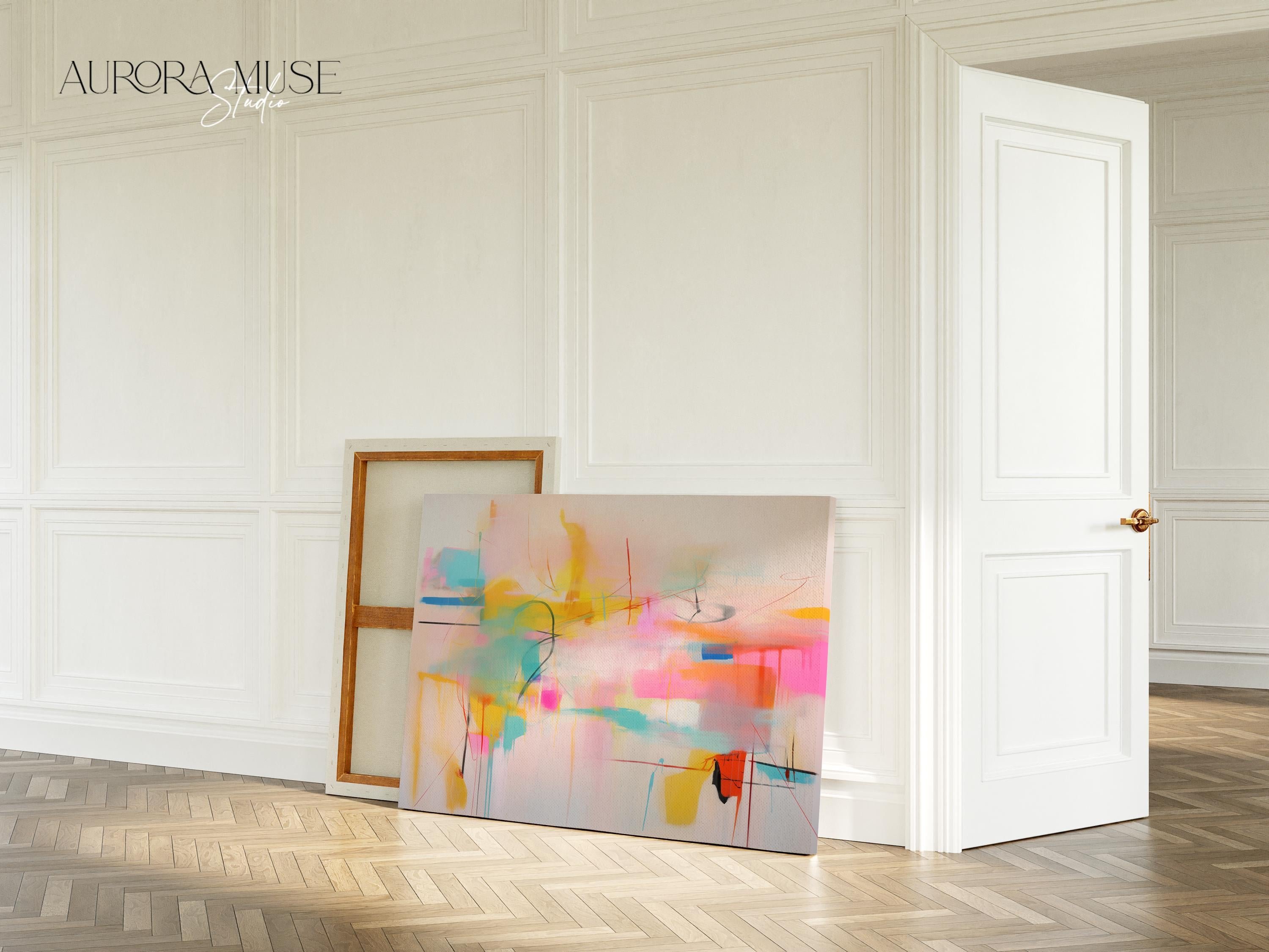 Contemporary Abstract Canvas Art, Colorful Home Wall Decor, Large Statement Piece, Modern Art for Living Room, Pink Yellow | Aurora Muse 031