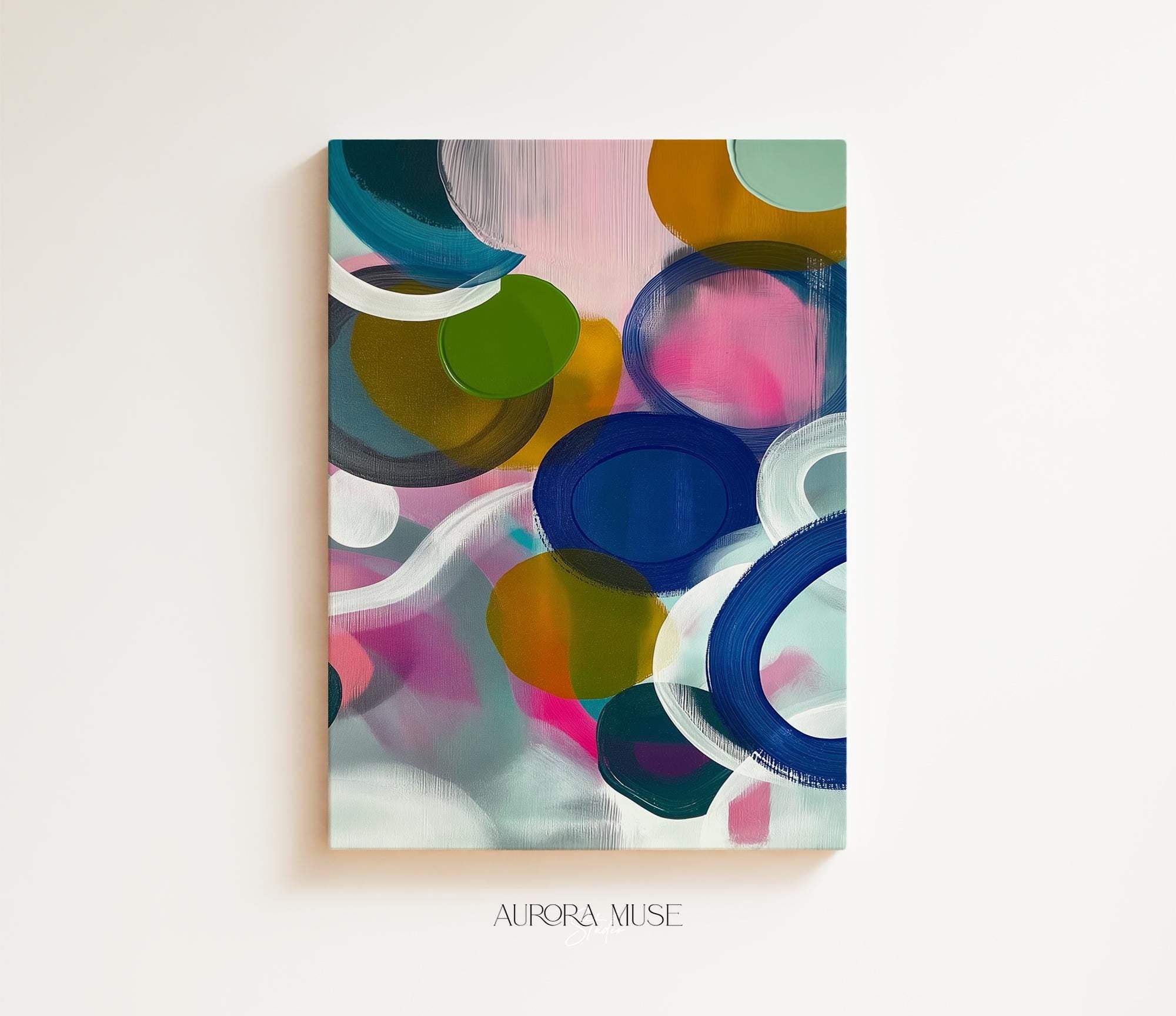 Large square abstract wall art featuring bright pink, blue, and green tones in a bold color pop composition, printed as large canvas wall art and styled in a modern living room to create an energetic statement focal point.