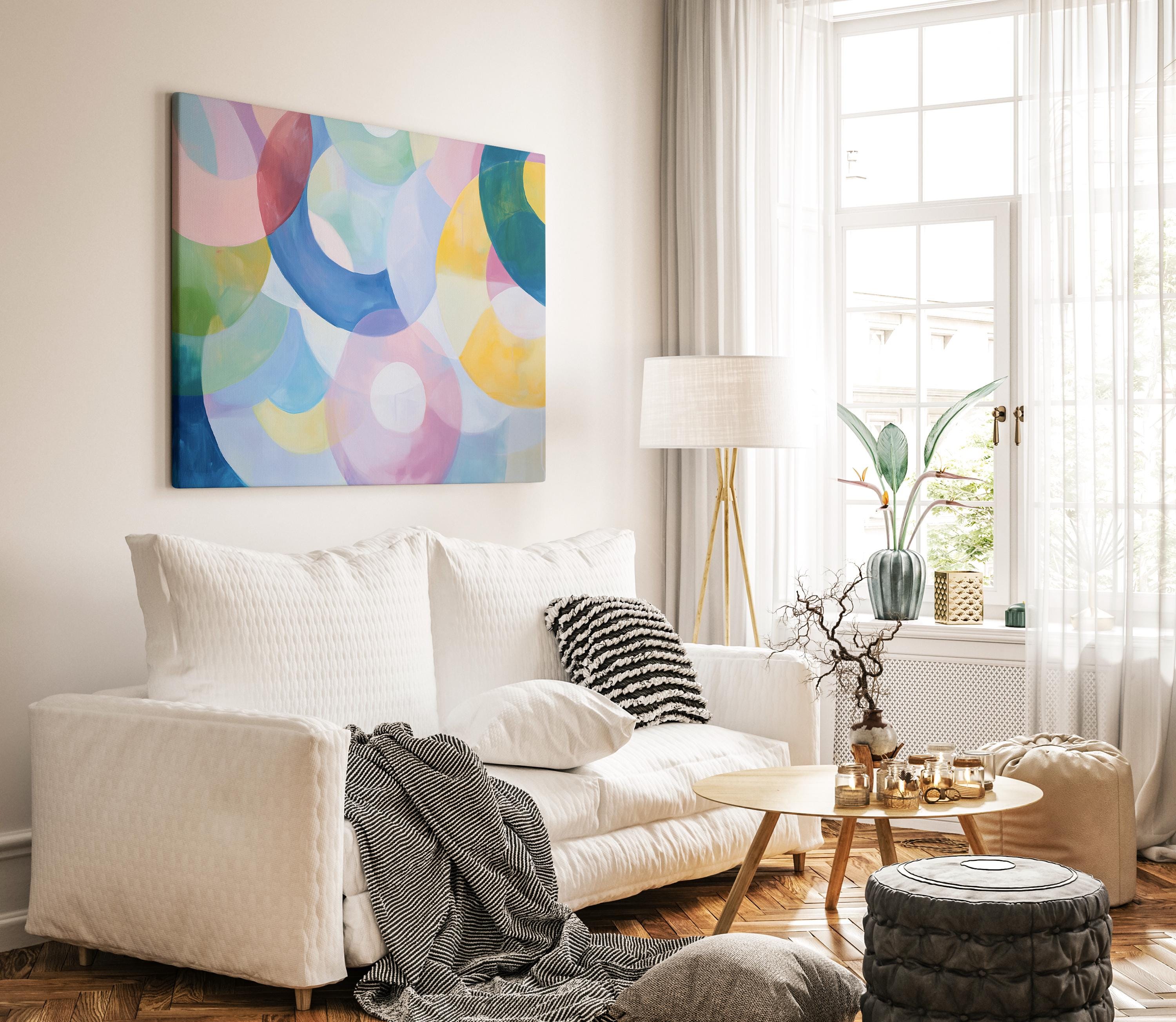 Kaleidoscope No. 401 by Muse Studio & Co. pastel abstract wall art print with soft pink, blue, and multicolor circles, printed with museum-grade giclée inks on premium artist paper, styled as playful colorful decor in a kids room or nursery.