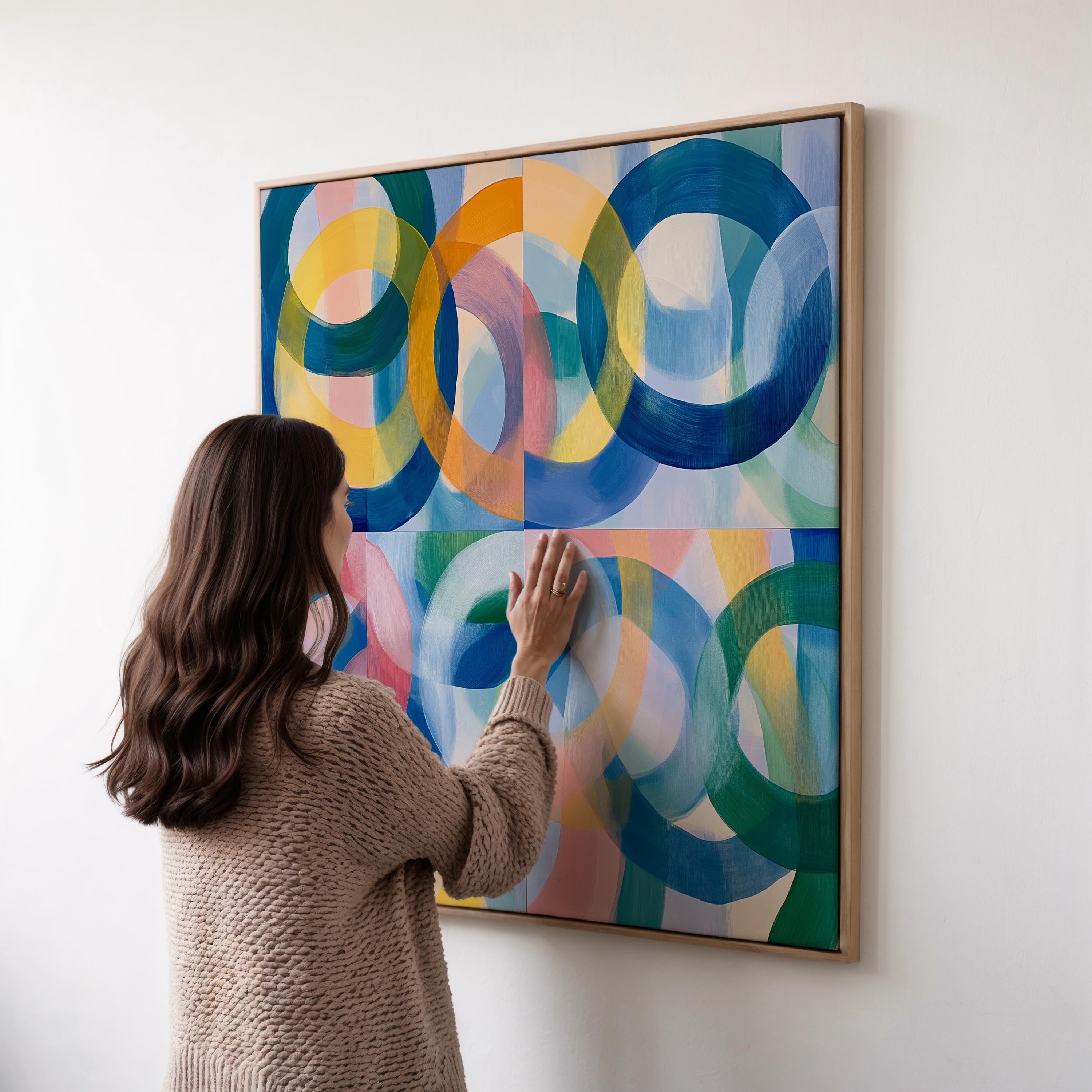 Square pastel abstract canvas wall art in soft contemporary style with pink and yellow brushwork, ideal for bedrooms, nurseries, or modern living spaces. Gallery wrapped or floating framed canvas available from Muse Studio.