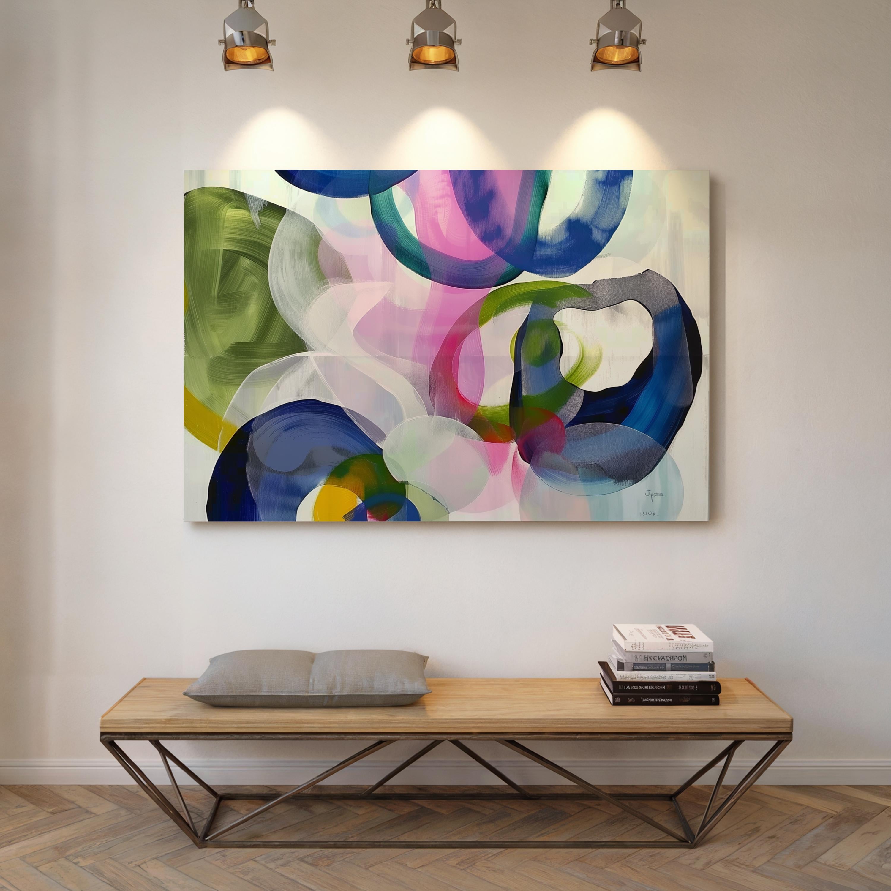 Colorful abstract canvas art featuring layered translucent brushstrokes in olive green, cobalt blue, rose pink, and deep black on a light background. The playful overlapping circles and bold movement make this piece ideal for eclectic interiors or vibrant living rooms. Available as a fine art poster or canvas wall art for curated, color-forward decor.