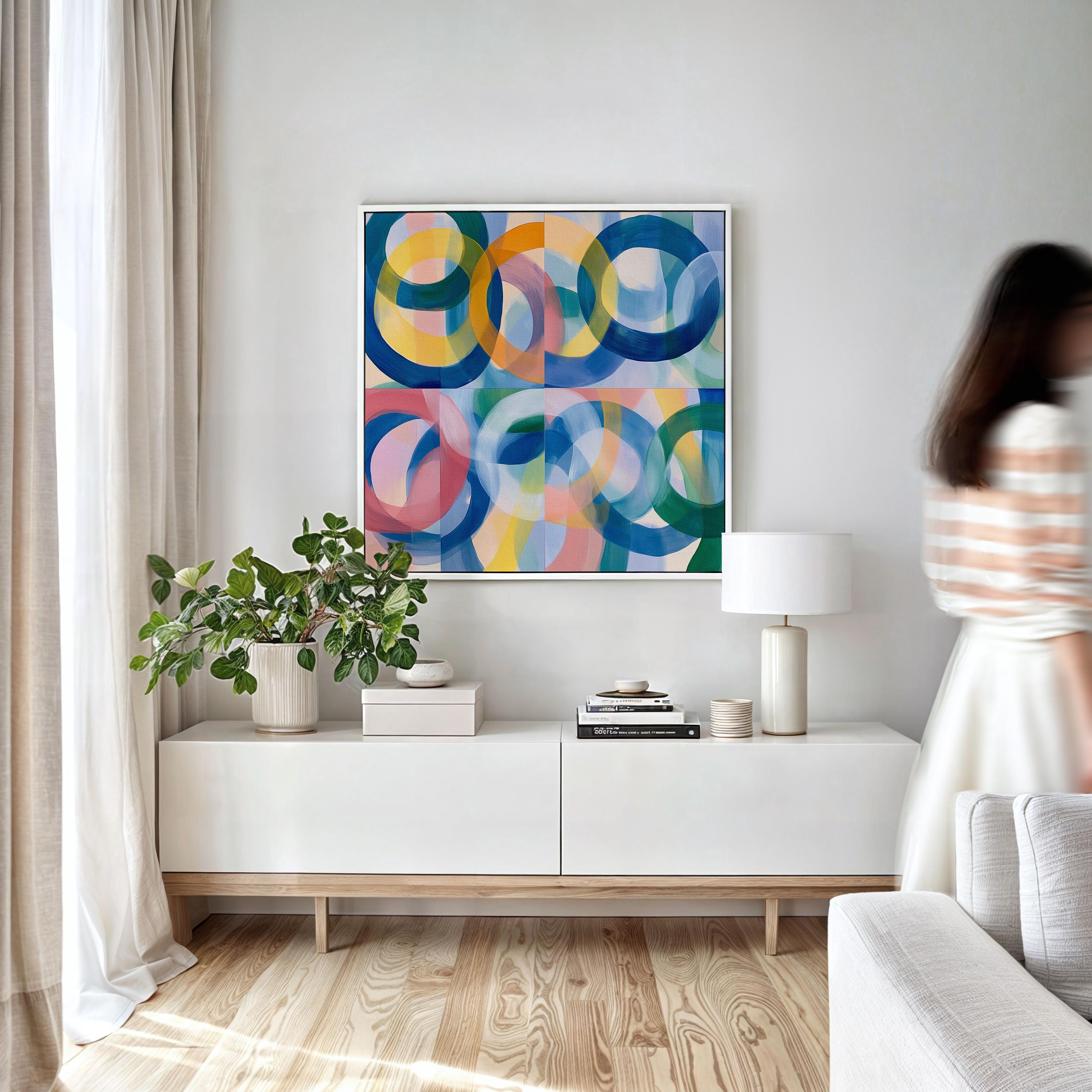 Colorful Modern Framed Abstract Wall Art, Bold Circle Pattern in Pink Blue and Yellow, Geometric Canvas Decor for Contemporary Homes 410
