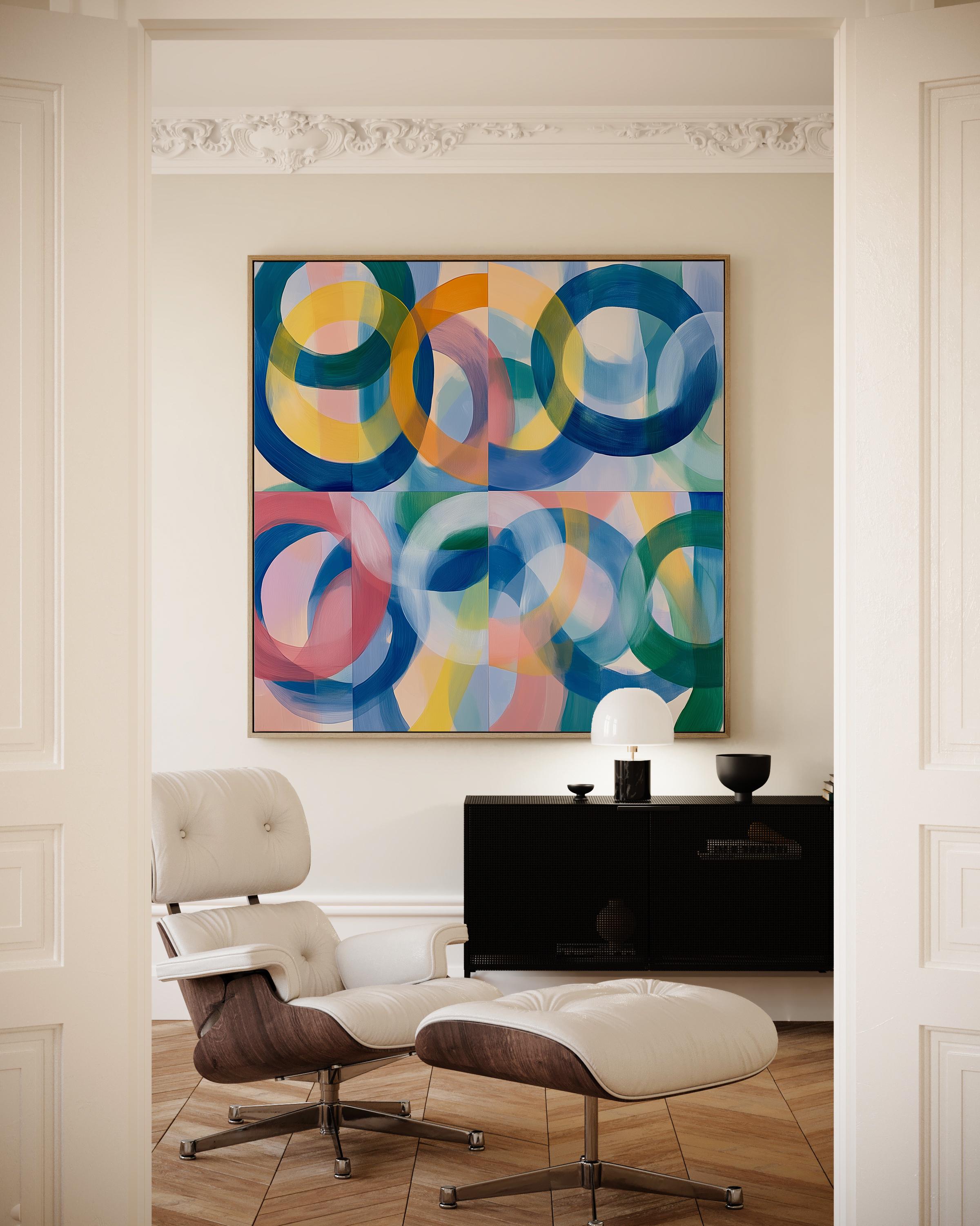 Square geometric abstract canvas wall art with overlapping teal, yellow, coral, and navy rings in a bold color-pop style. Ideal for living rooms, offices, or modern interiors. Available as gallery-wrapped or floating framed canvas by Muse Studio, artwork 410.