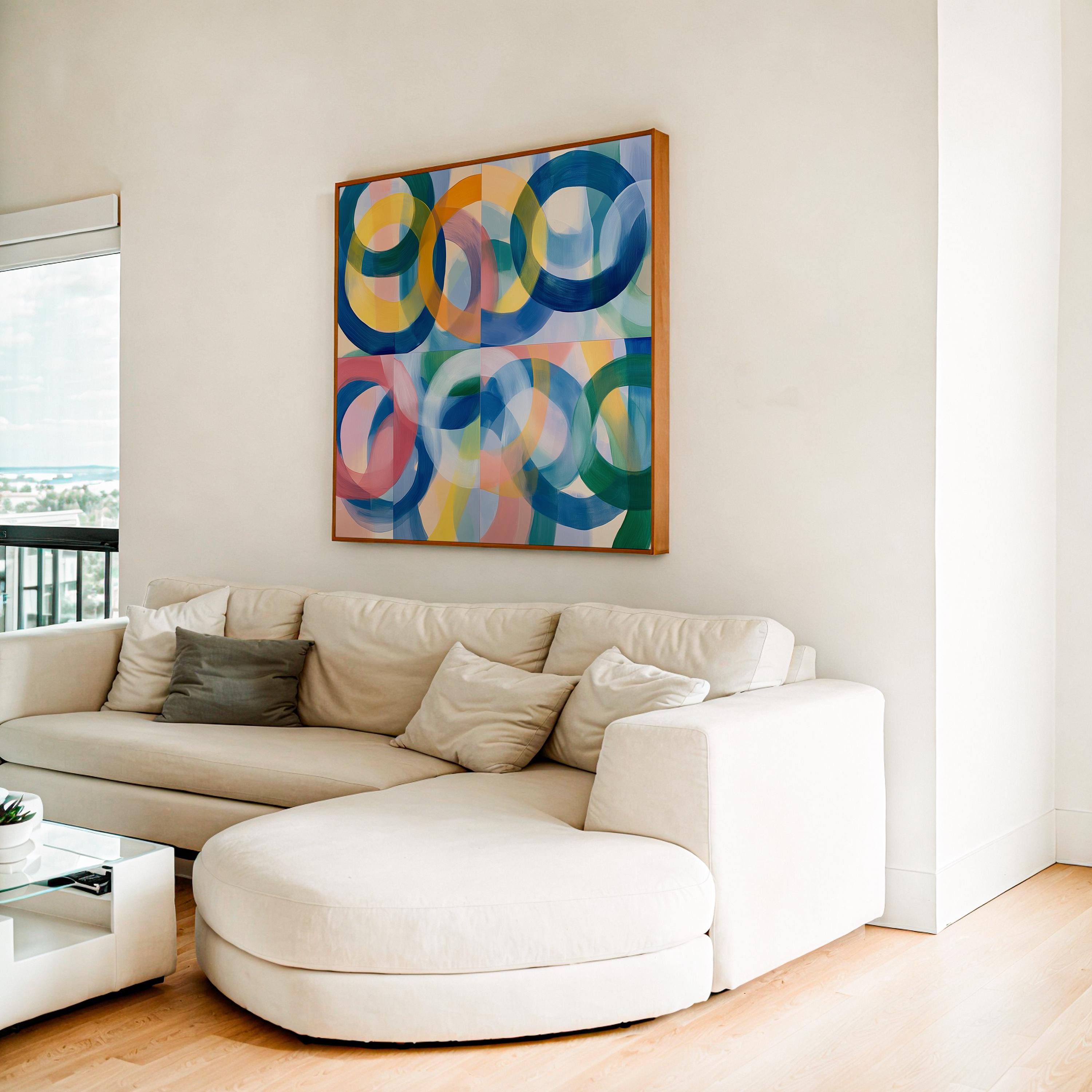 Square geometric abstract canvas wall art with overlapping teal, yellow, coral, and navy rings in a bold color-pop style. Ideal for living rooms, offices, or modern interiors. Available as gallery-wrapped or floating framed canvas by Muse Studio, artwork 410.