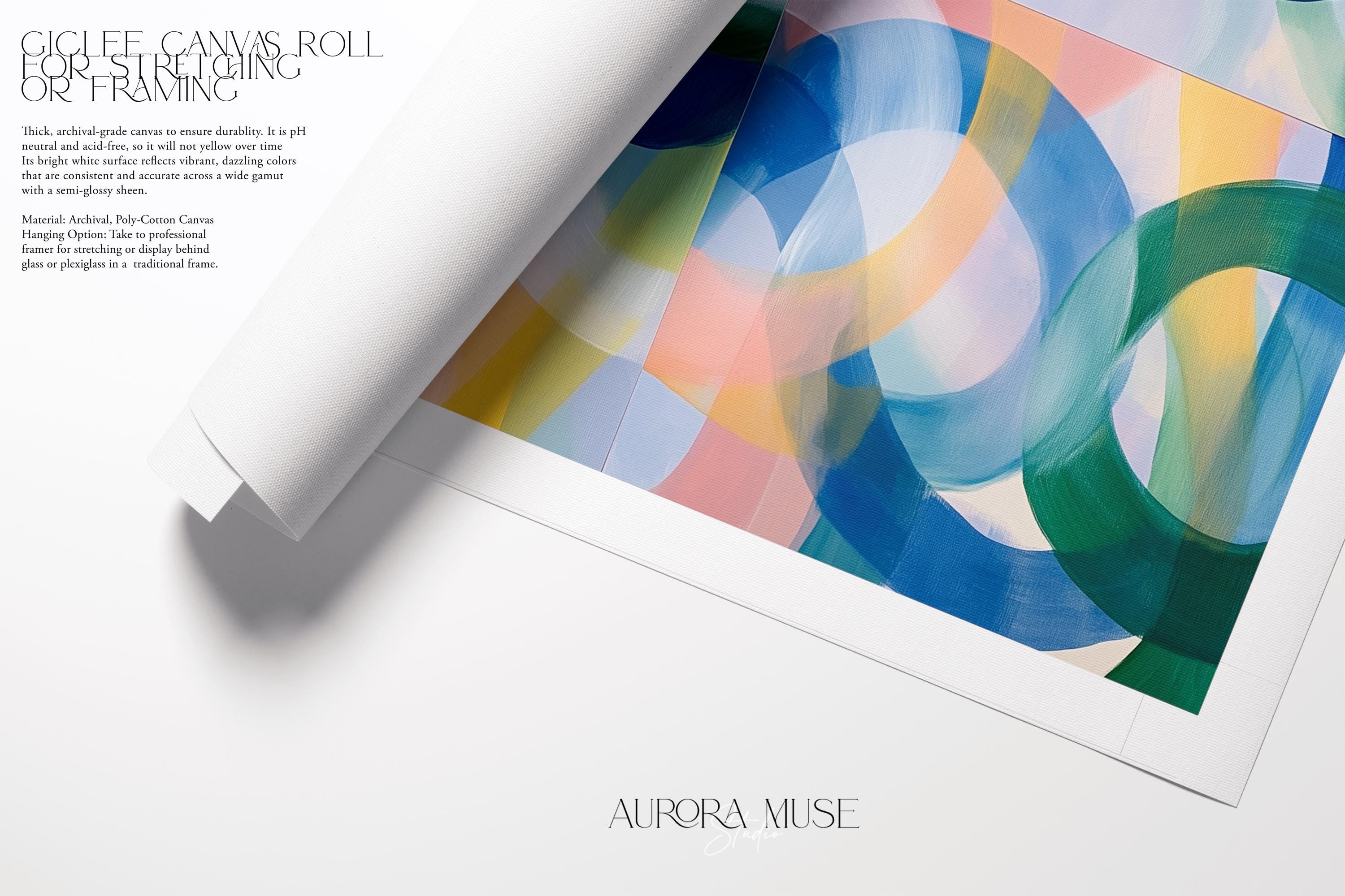Square geometric abstract canvas wall art with overlapping teal, yellow, coral, and navy rings in a bold color-pop style. Ideal for living rooms, offices, or modern interiors. Available as gallery-wrapped or floating framed canvas by Muse Studio, artwork 410.