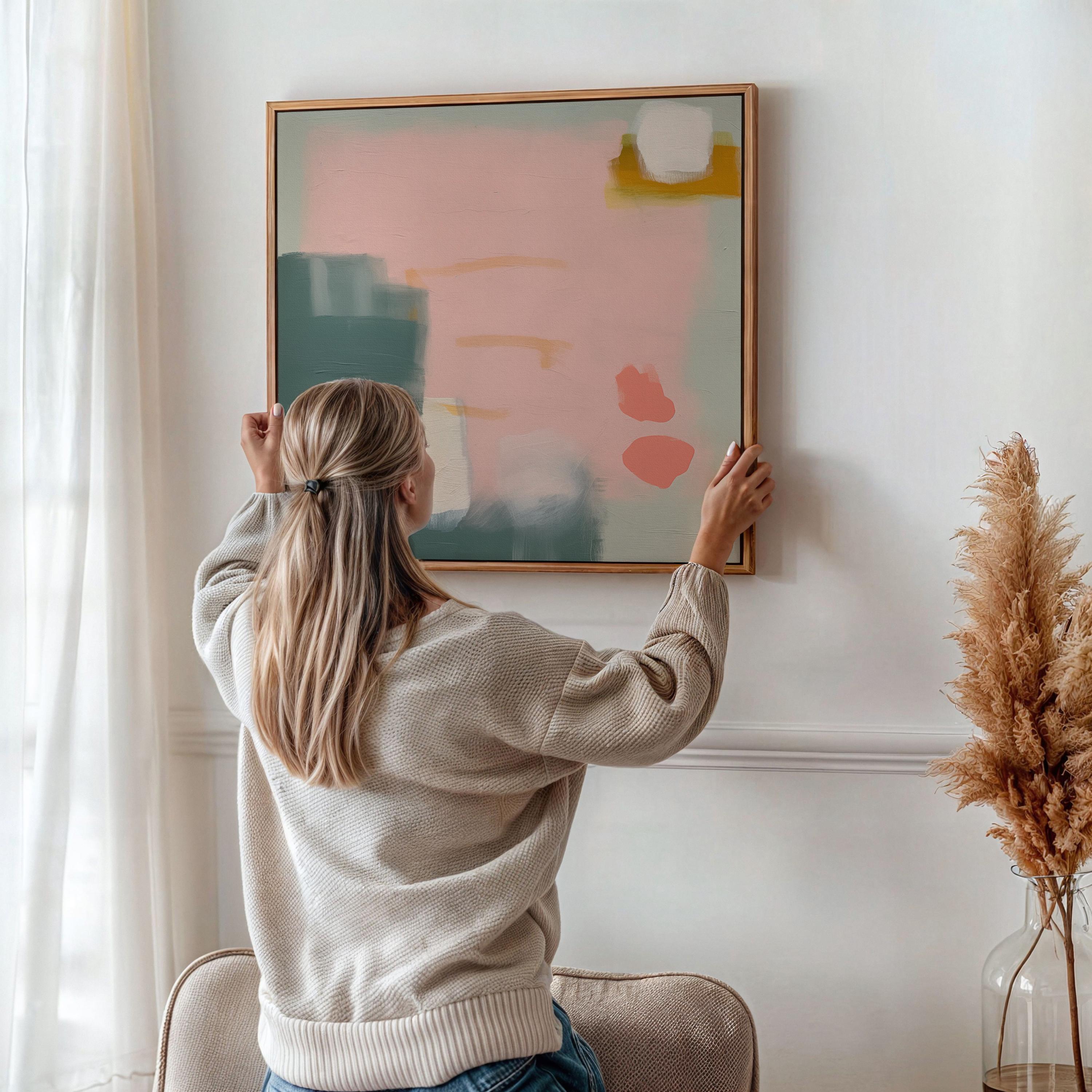 Abstract Wall Art Living Room Framed, Pink and Green Wall Art, Modern Abstract Painting on Canvas, Large Art Print, Colorful Artwork | 361